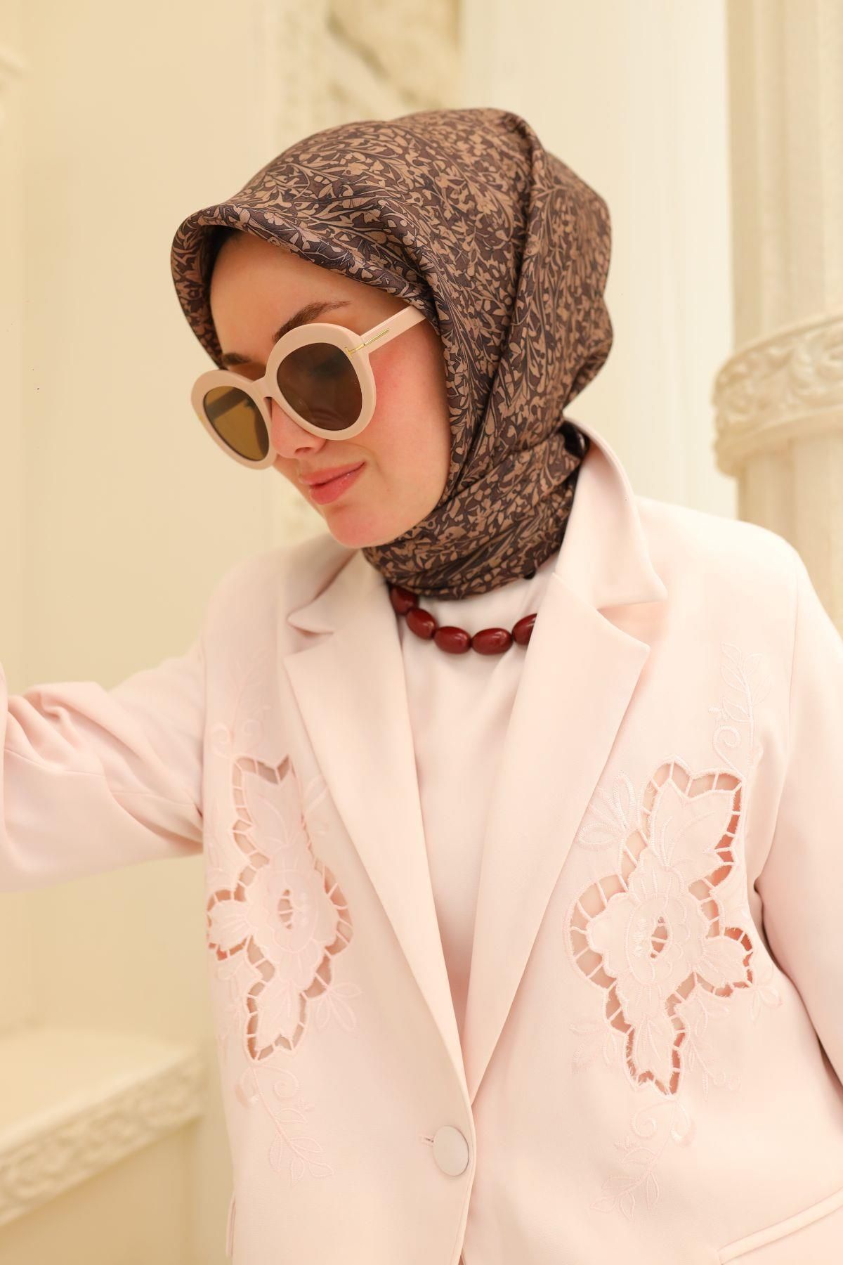 Silk Home Acı Kahve Vizon Yaprak Desen Saf İpek Tivil Dokuma Eşarp-11459-23-KVS0699