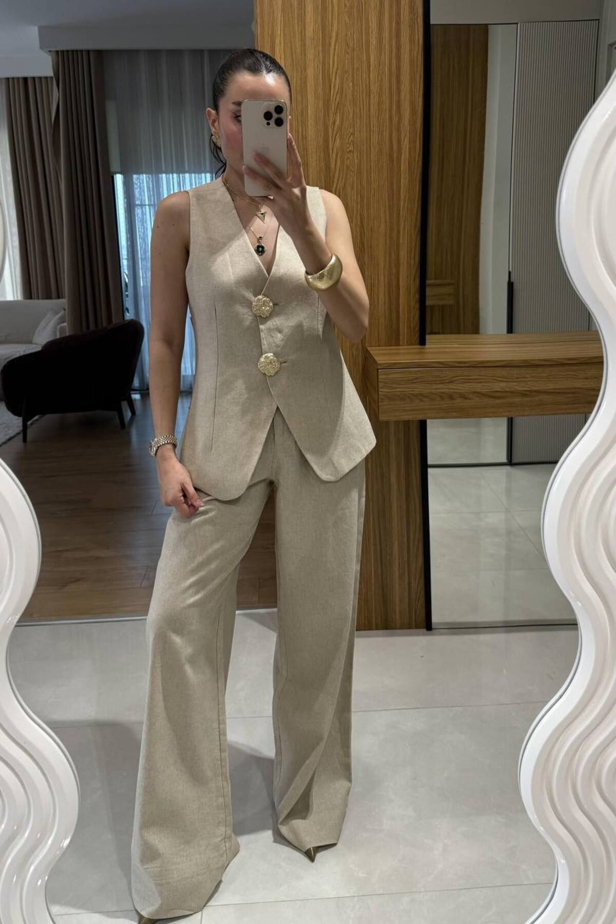 Castivo Fashion Altın Düğmeli Şık Yelek Pantolon Takım