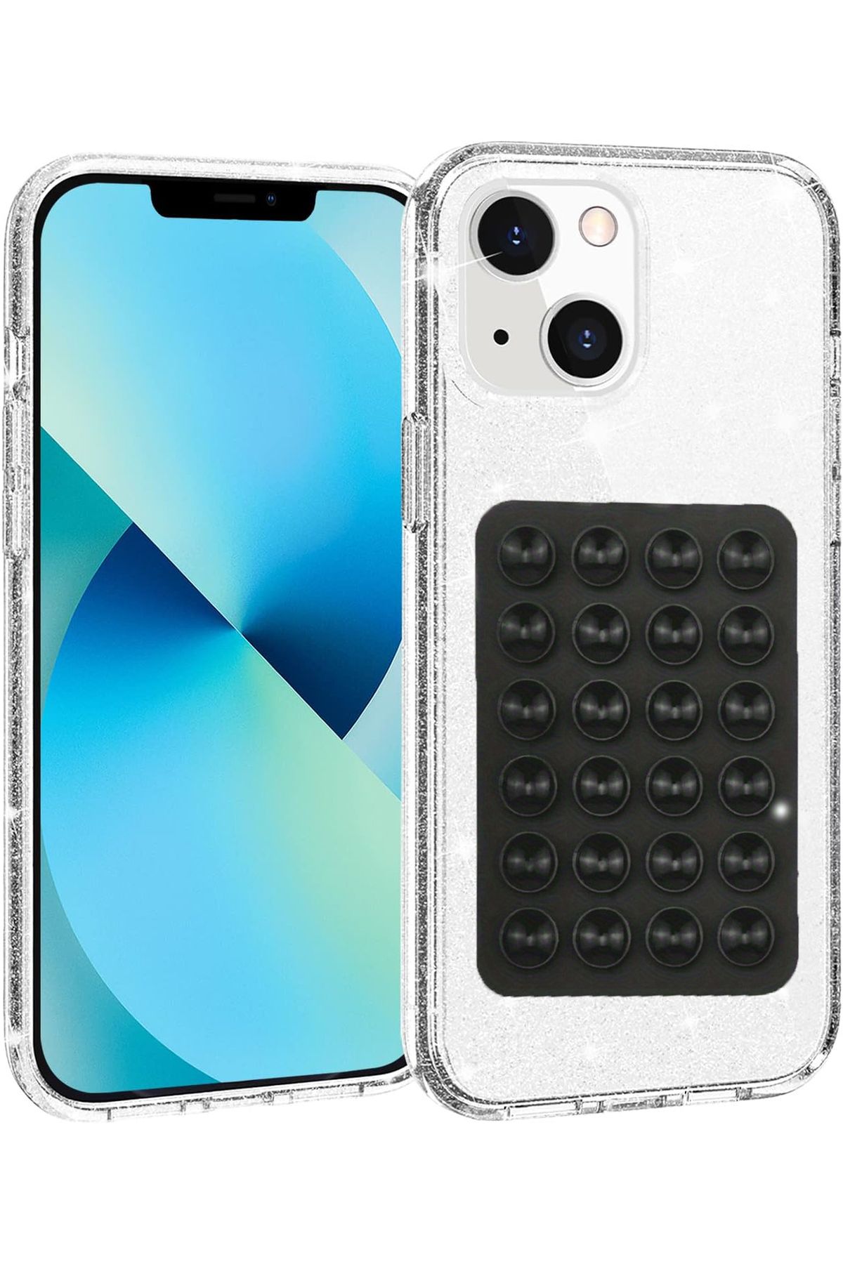 EDELFU iPhone 15 - 14 ve 13 UYUMLU Simli Sert Sararmaz Şeffaf Kılıf, Telefon Tutacağı Vakum ve ince Kapak