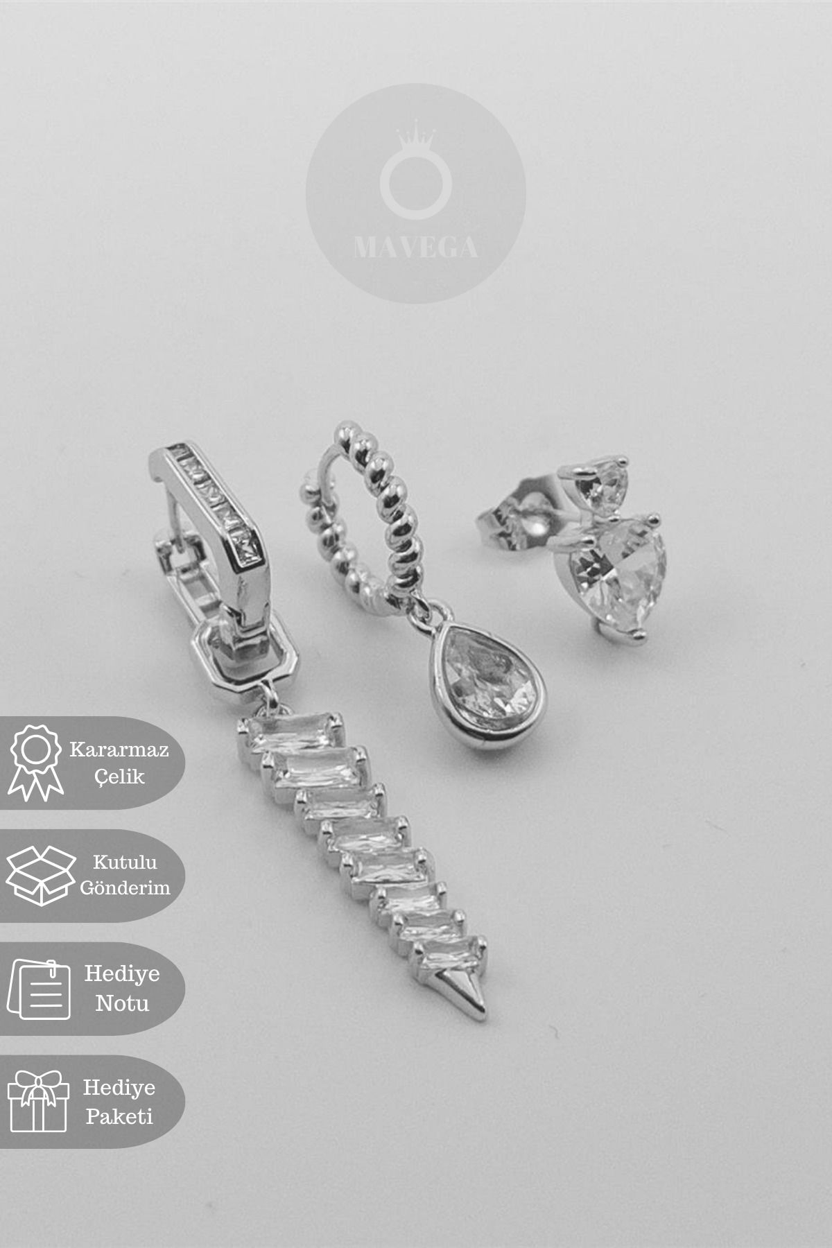 MAVEGA Lüx 3 Adet Zirkon Taşlı Kararmaz Çelik Küpe Set Kadın Takı | Gümüş Renk