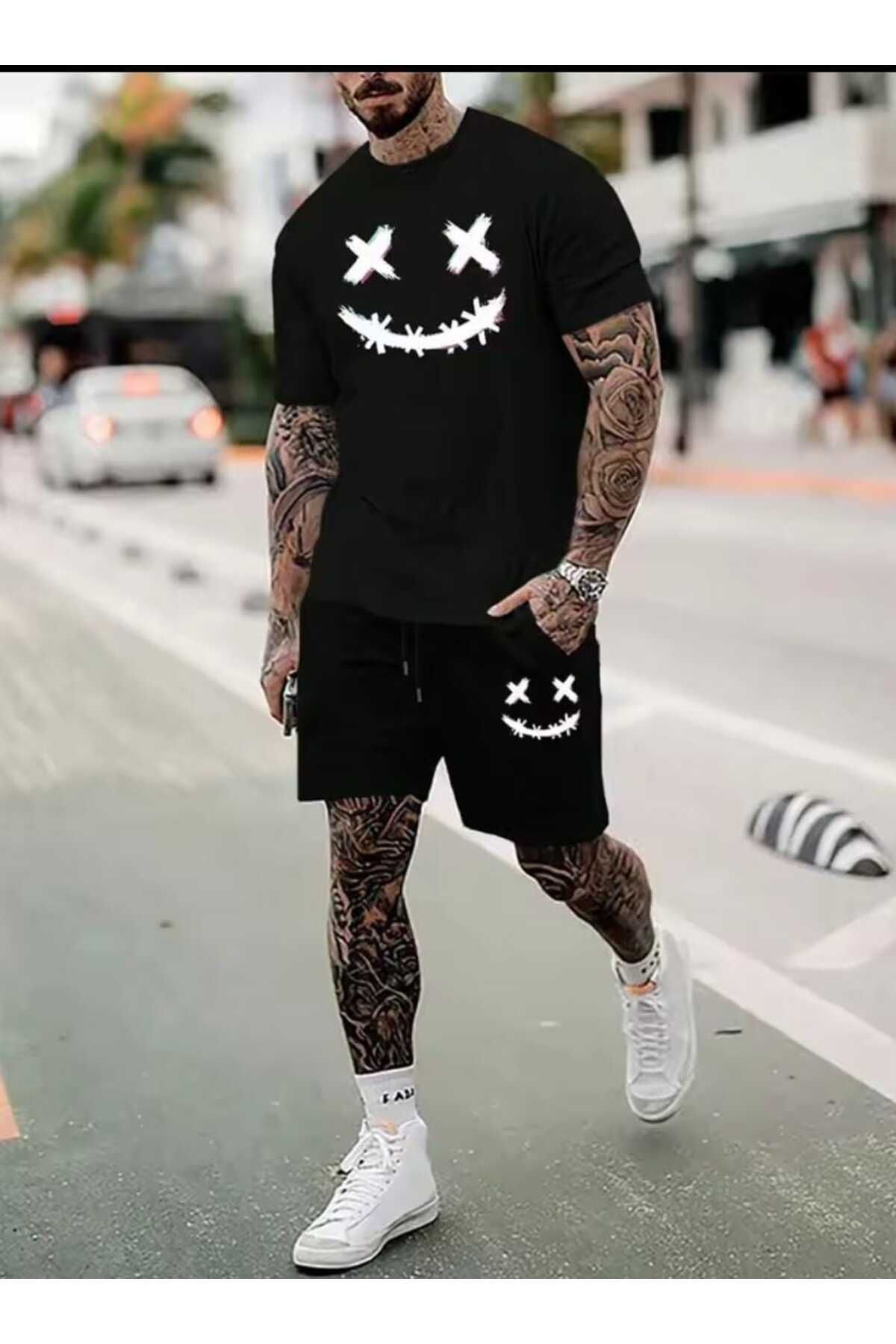 HUIS Saudi Oversize T-shirt Takımı - Baskılı Alt Üst Şort Takımı