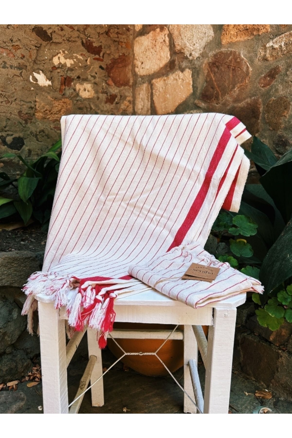Seniha by Defne %100 Pamuk Peştemal Peşkir Set - Kırmızı Çizgili, Plaj Havlusu, Banyo Havlusu