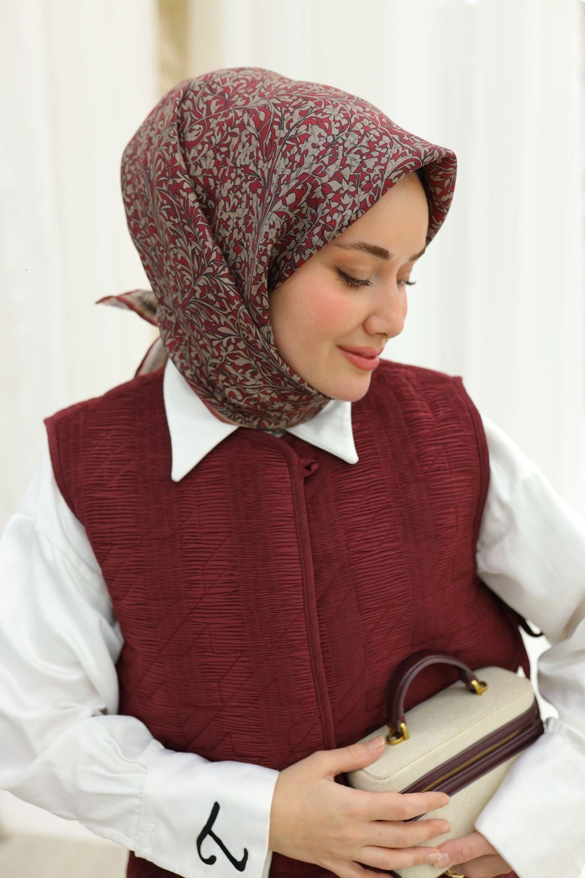 Silk Home Bordo Vizon Yaprak Desen Saf İpek Tivil Dokuma Eşarp-11459-02-KVS0695