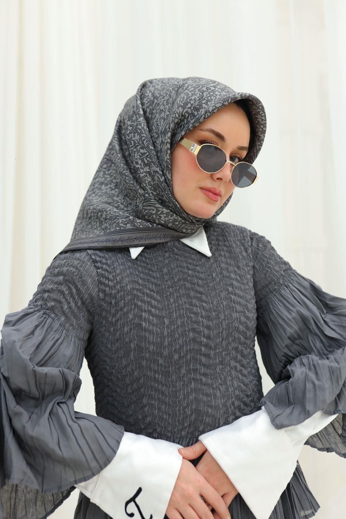 Silk Home Gri Füme Yaprak Desen Saf İpek Tivil Dokuma Eşarp-11459-21-KVS0708