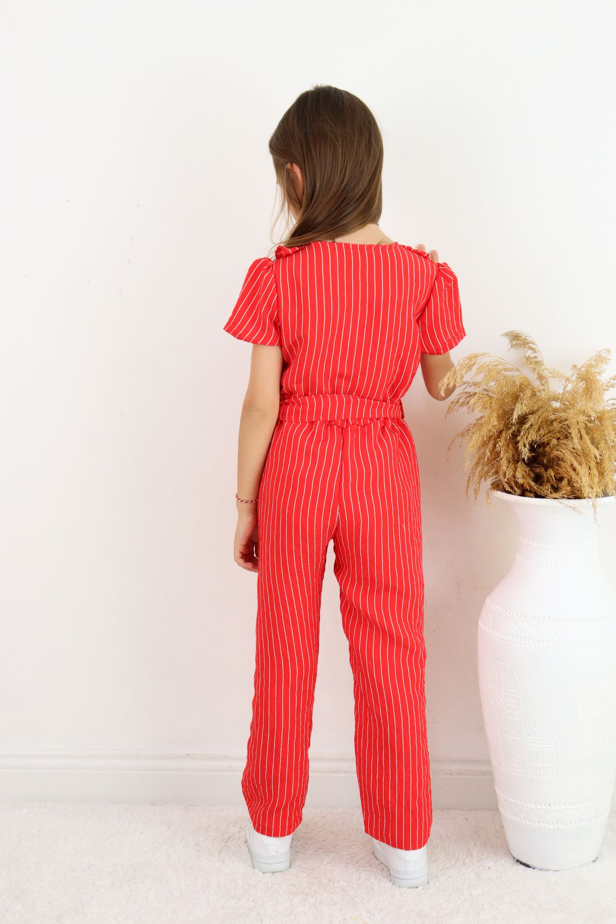 FESSHERA-💜   Girl's Double Breasted Collar Ruffle Detailed Striped Jumpsuit – Suitable for Casual and Special Occasion Wear 💜 2