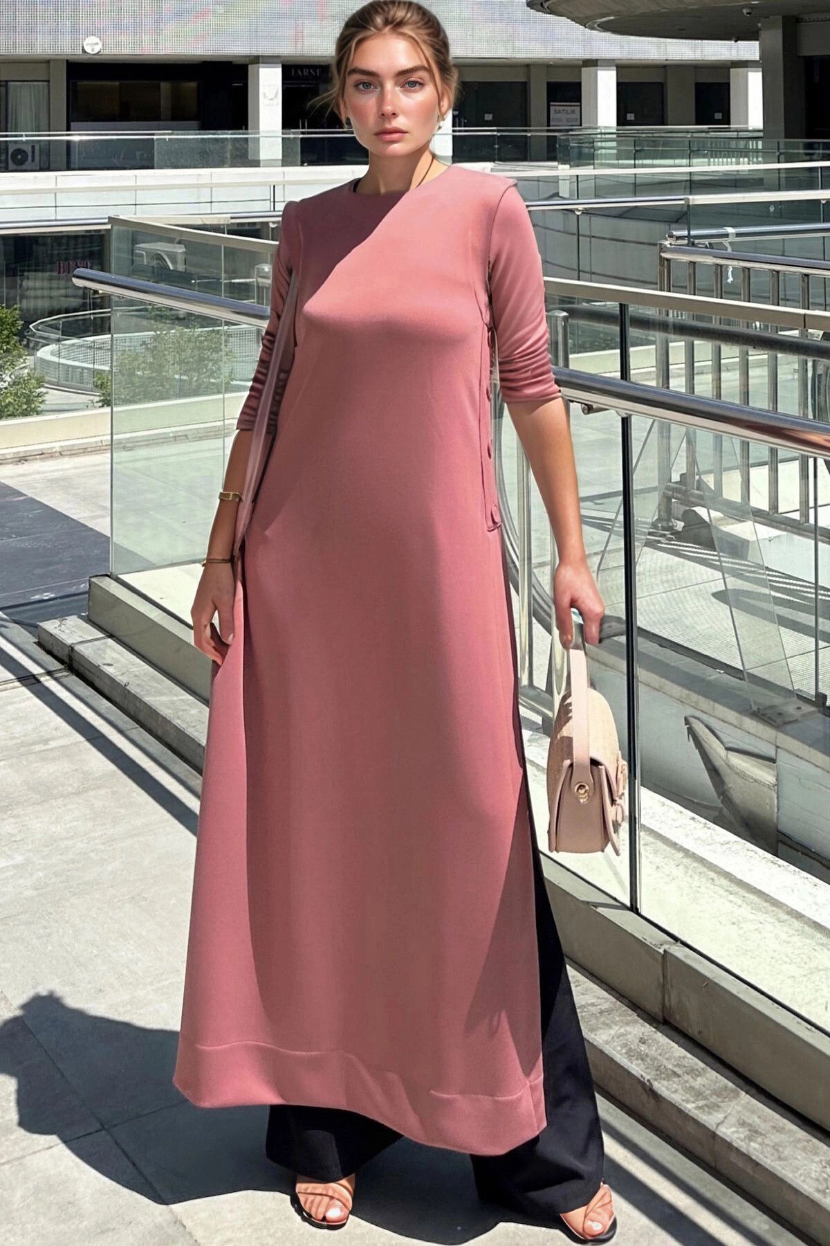 bacc Pembe Scuba Yanı Düğmeli Ve Yırtmaçlı Uzun Tunik Elbise BCBSK-25700-3561