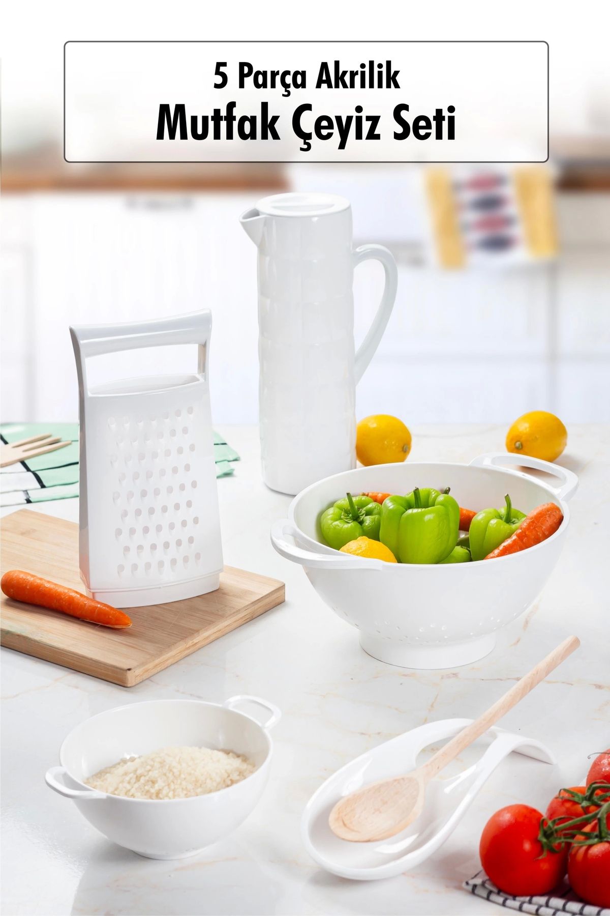 FTT SHOPPING MARKET Akrilik Beyaz 5 Parça Sürahi & Rende & Süzgeç & Mini Süzgeç & Kaşıklık & Mutfak Çeyiz Seti
