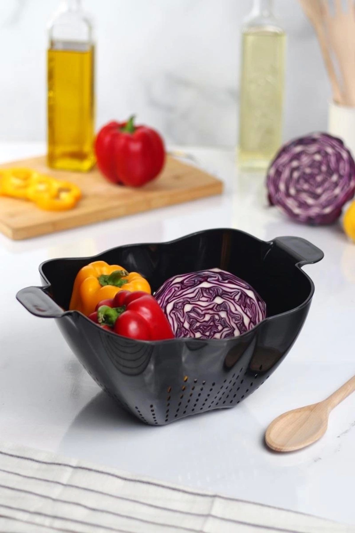 FTT SHOPPING MARKET Akrilik Siyah Makarna Süzgeçi & Sebze Meyve Süzgeçi