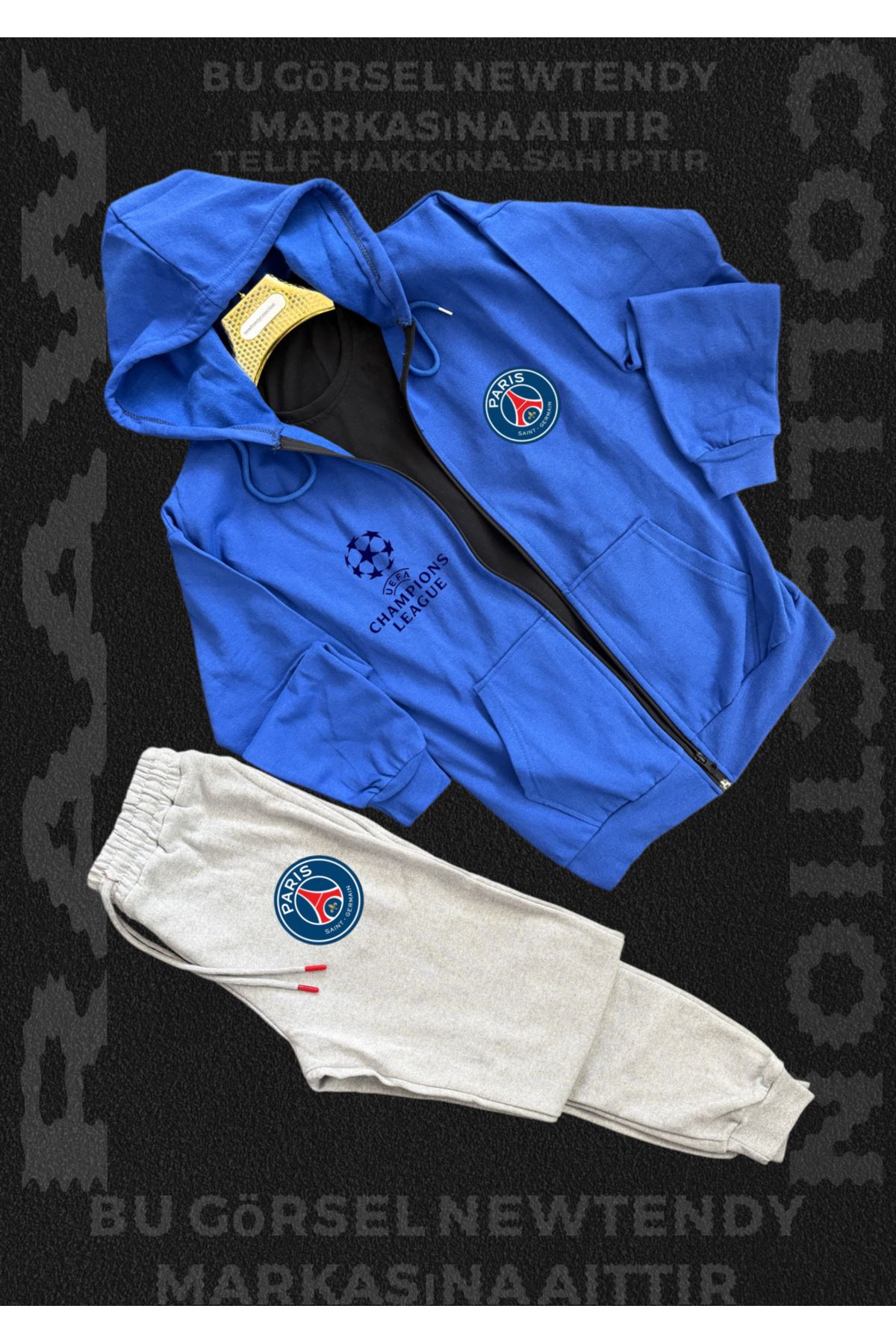 Minikelya Paris Logolu Kapüşonlu Sweat Eşofman Altı Erkek Kombin Şık Spor Takım