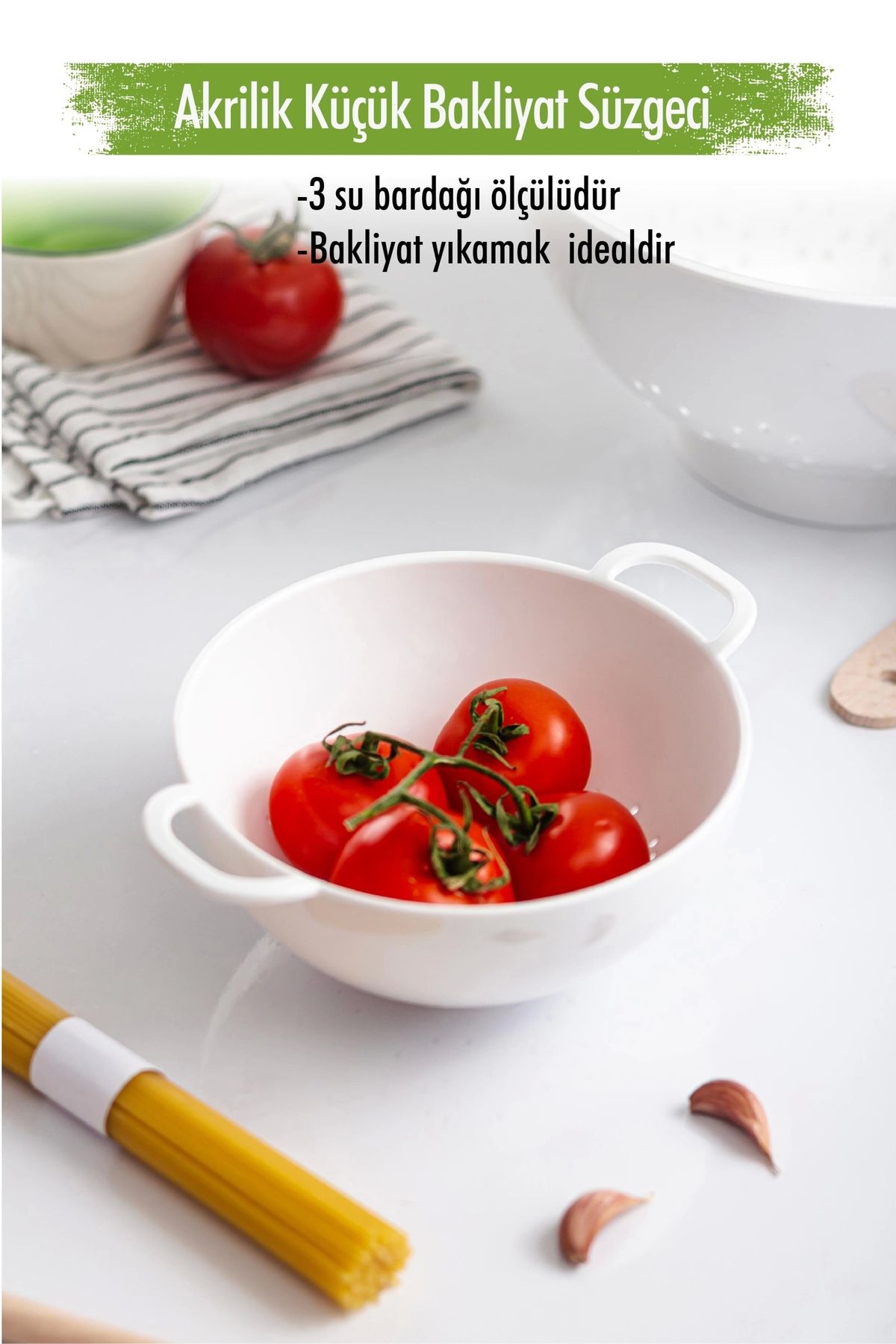 FTT SHOPPING MARKET Akrilik Beyaz Mini Pirinç Süzgeçi & Bakliyat Süzgeçi (3 Su Bardağı Ölçülü)