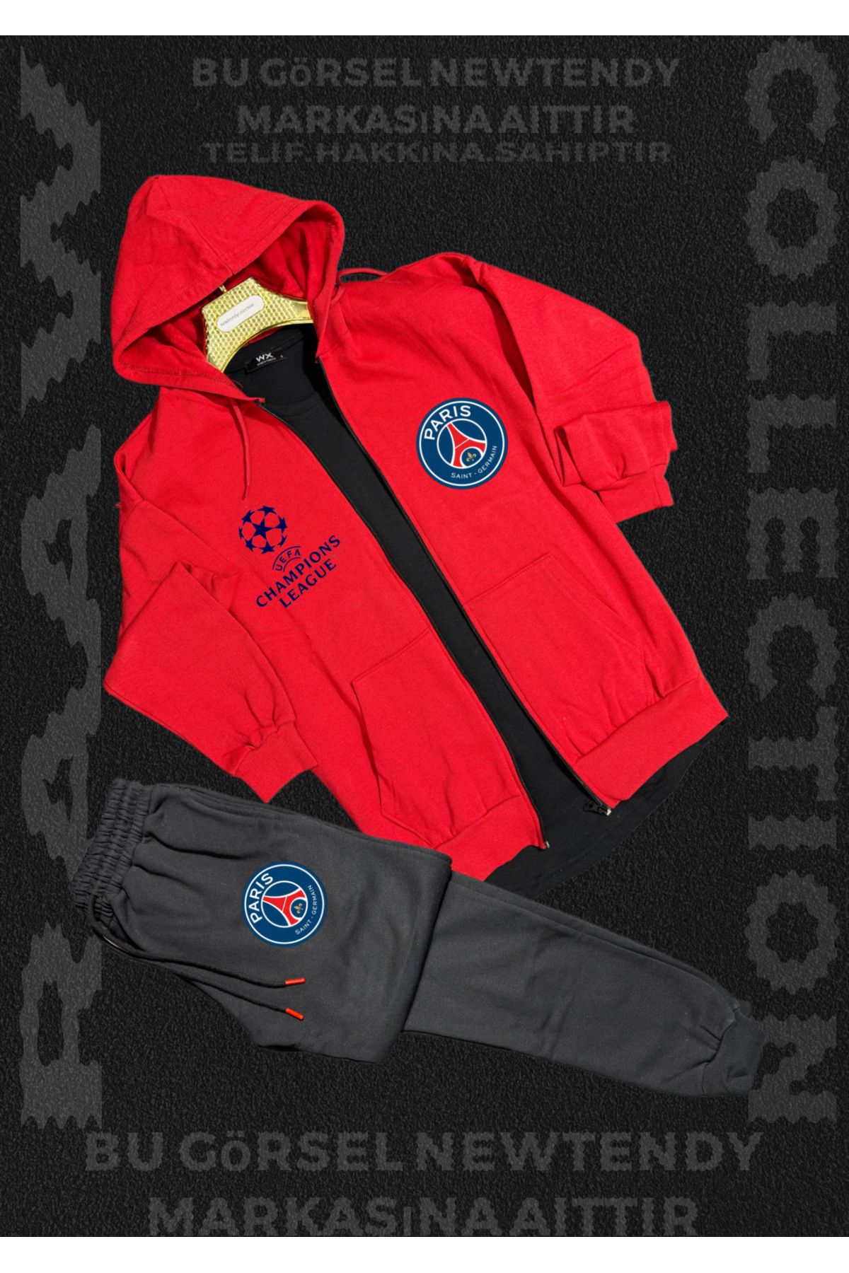 Minikelya Paris Logolu Kapüşonlu Sweat Eşofman Altı Erkek Kombin Şık Spor Takım