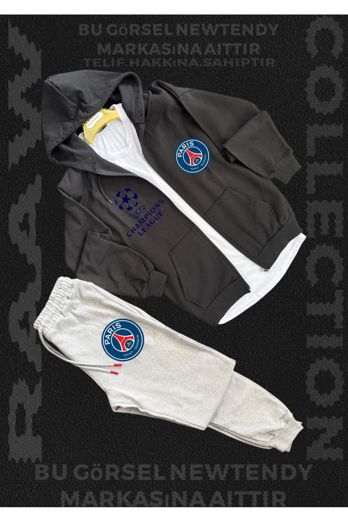 Minikelya Paris Logolu Kapüşonlu Sweat Eşofman Altı Erkek Kombin Şık Spor Takım
