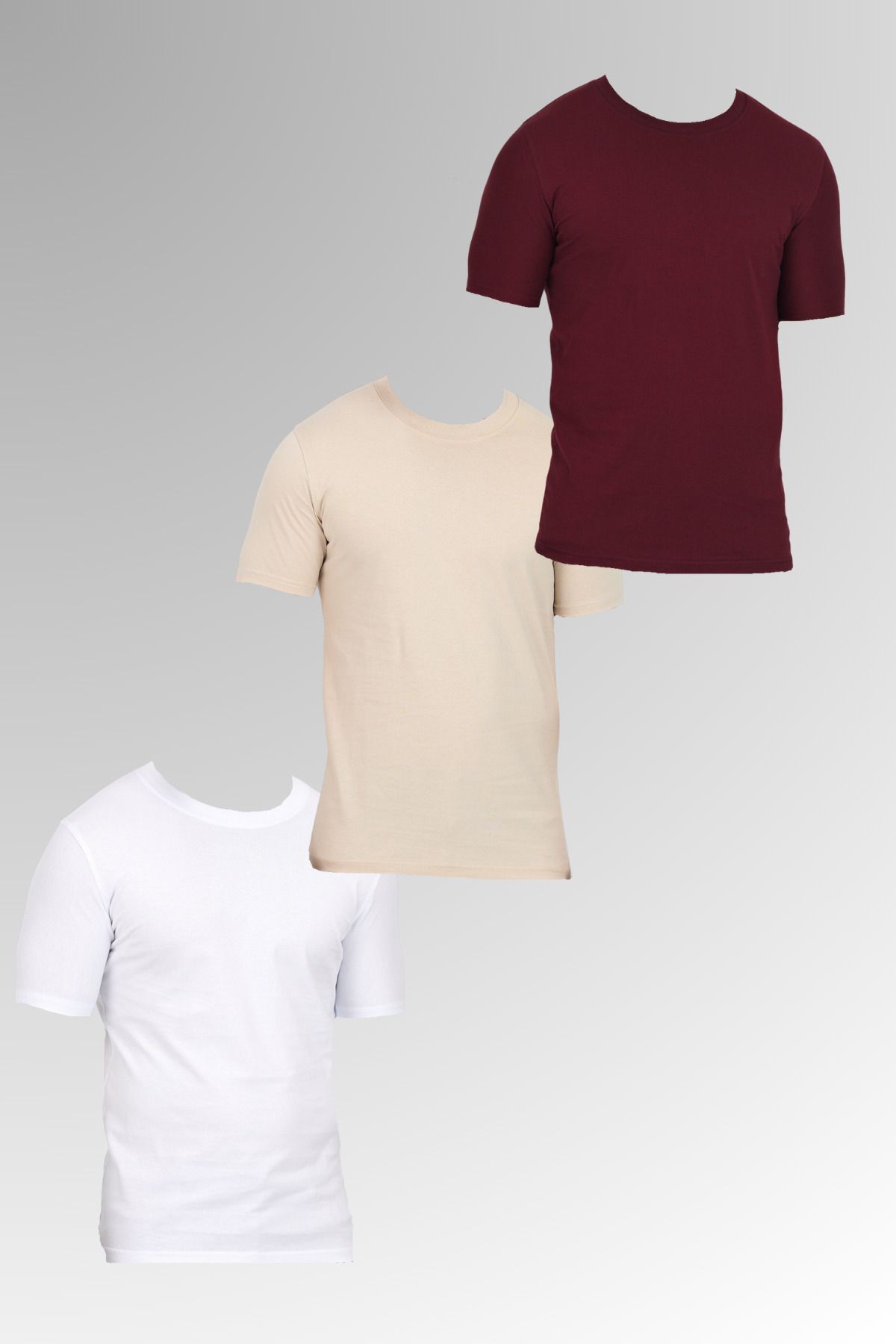 DAMGA JEANS Erkek Pamuklu Bisiklet Yaka Kısa Kollu Dar Yazlık Beyaz - Krem - Bordo 3 Lü Basic Tişört Paketi