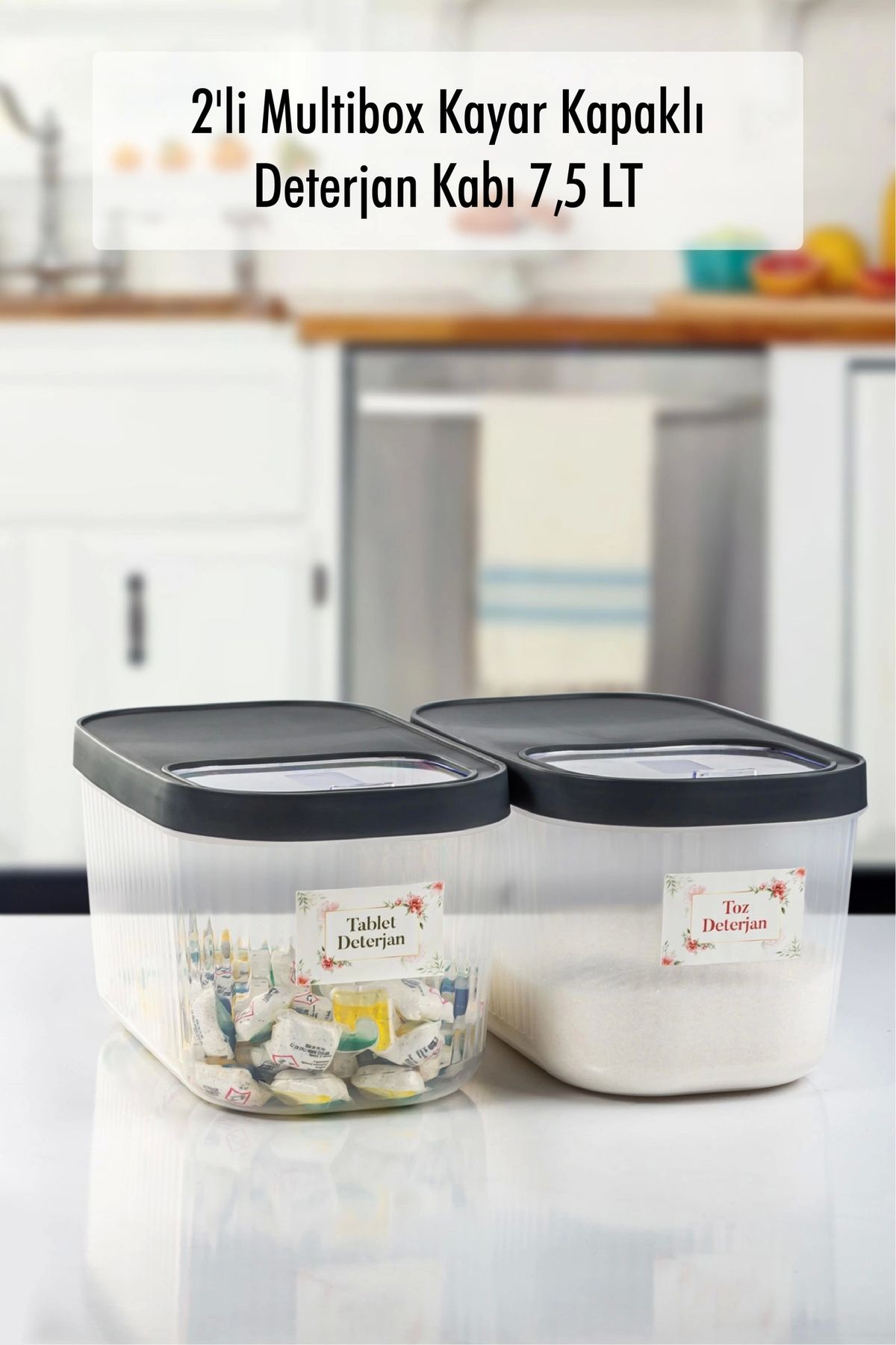FTT SHOPPING MARKET 2'Li 7.5 LT Multibox Kayar Kapaklı Saklama Kabı & Erzak Kabı & Toz Ve Tablet Deterjan Kutusu ( ETİKE