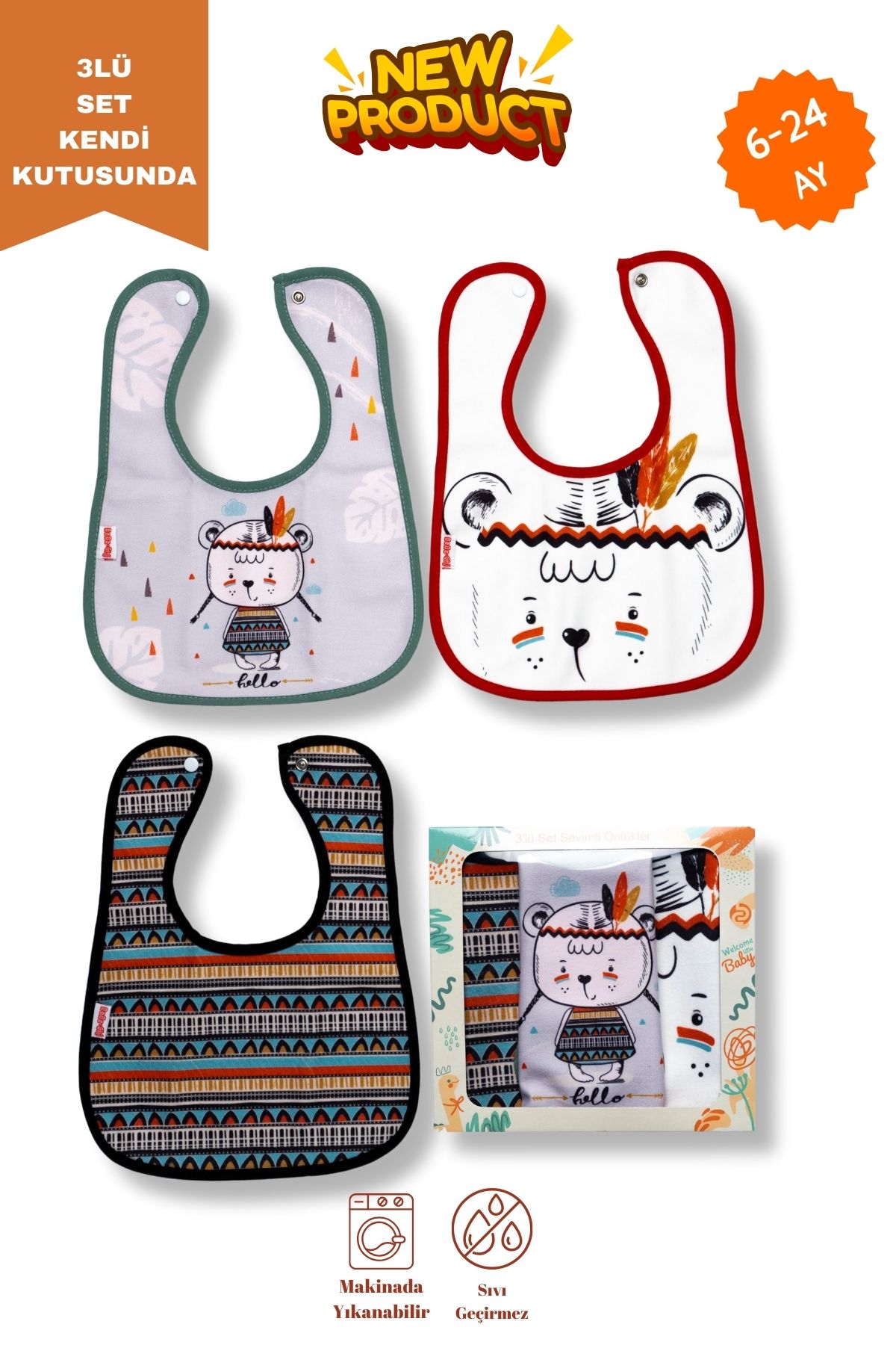Bebechi Kızılderili Desenli 3'lü Microfiber Sıvı Geçirmez Mama Önlüğü(Kendi Kutusunda)