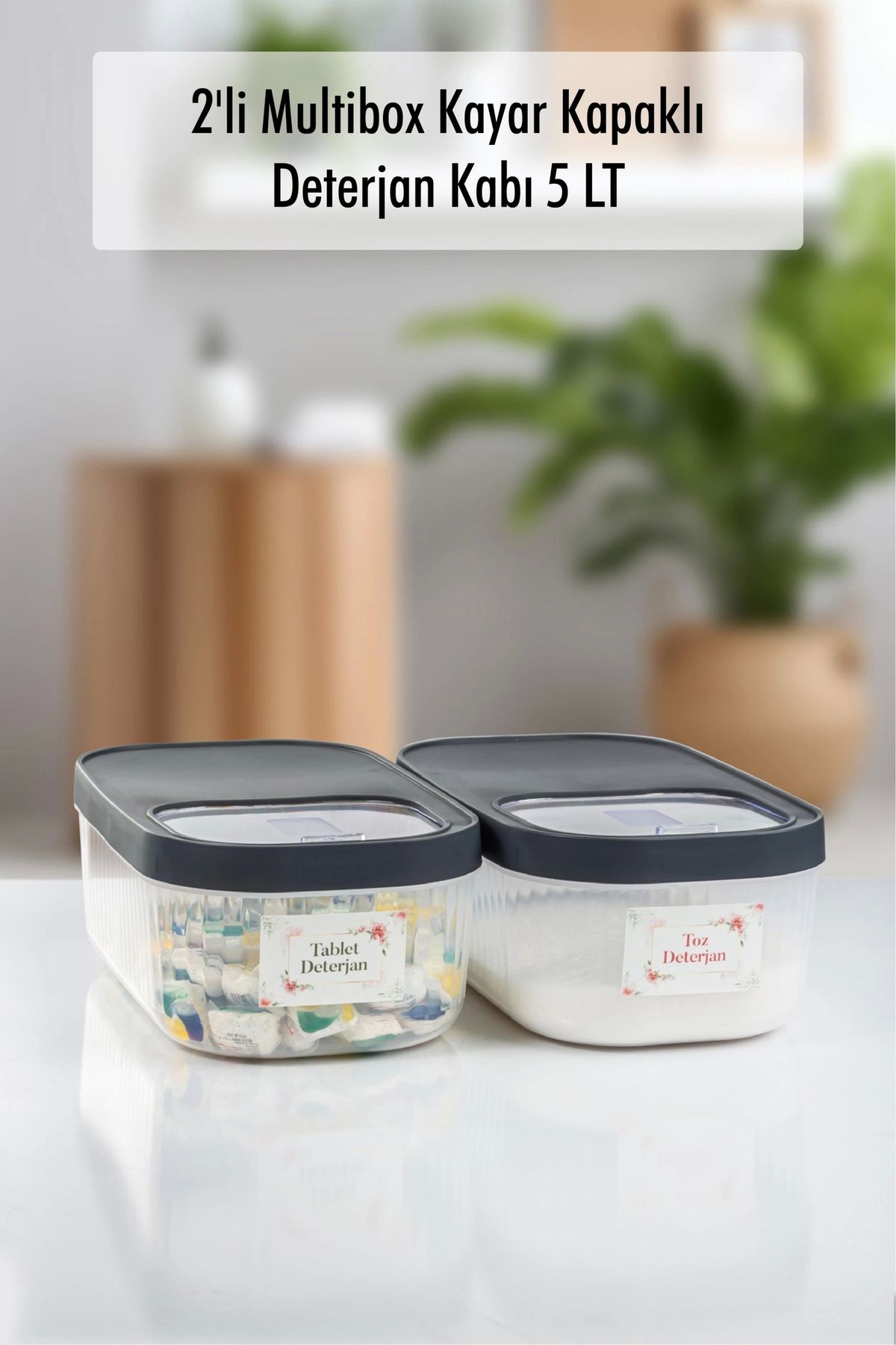 FTT SHOPPING MARKET 2'Li 5 LT Multibox Kayar Kapaklı Saklama Kabı & Erzak Kabı & Toz Ve Tablet Deterjan Kutusu ( ETİKET