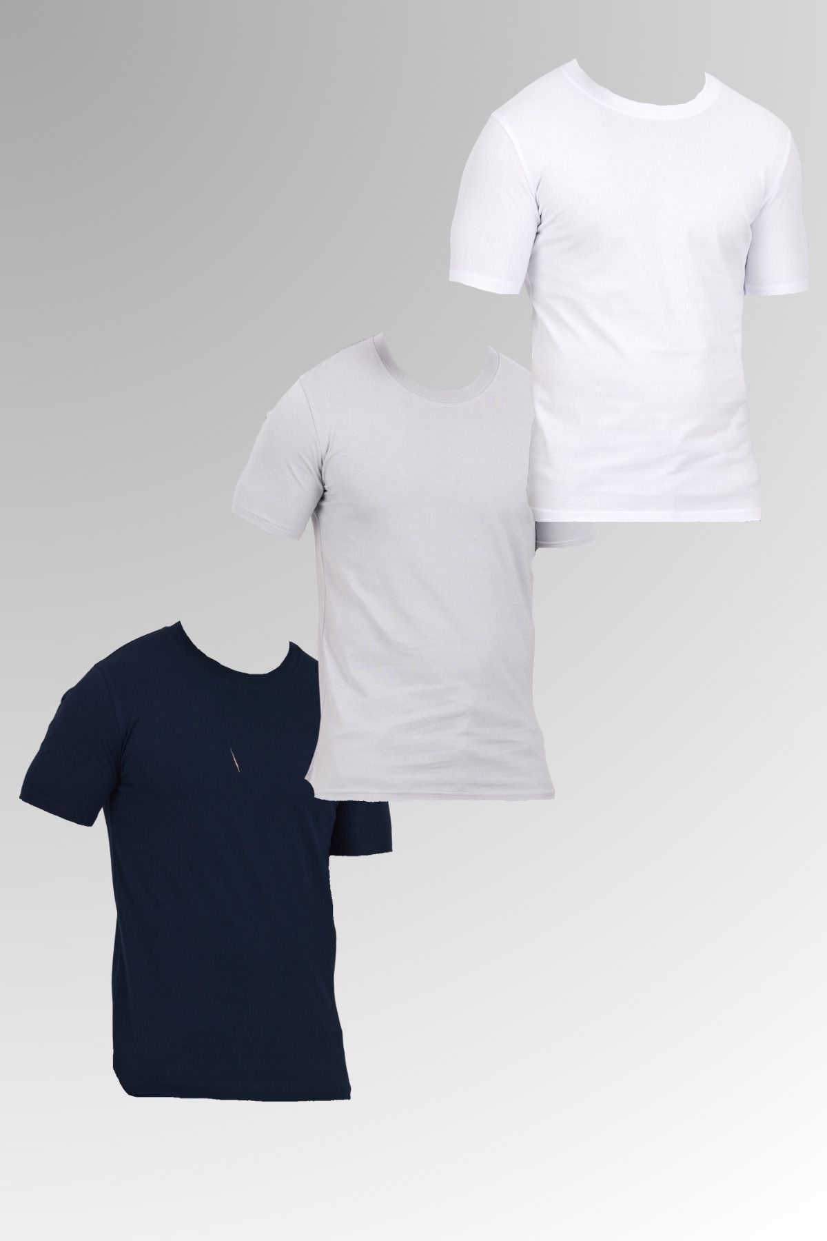 DAMGA JEANS Erkek Pamuklu Bisiklet Yaka Kısa Kollu Dar Yazlık Lacivert - Gri - Beyaz 3 Lü Basic Tişört Paketi