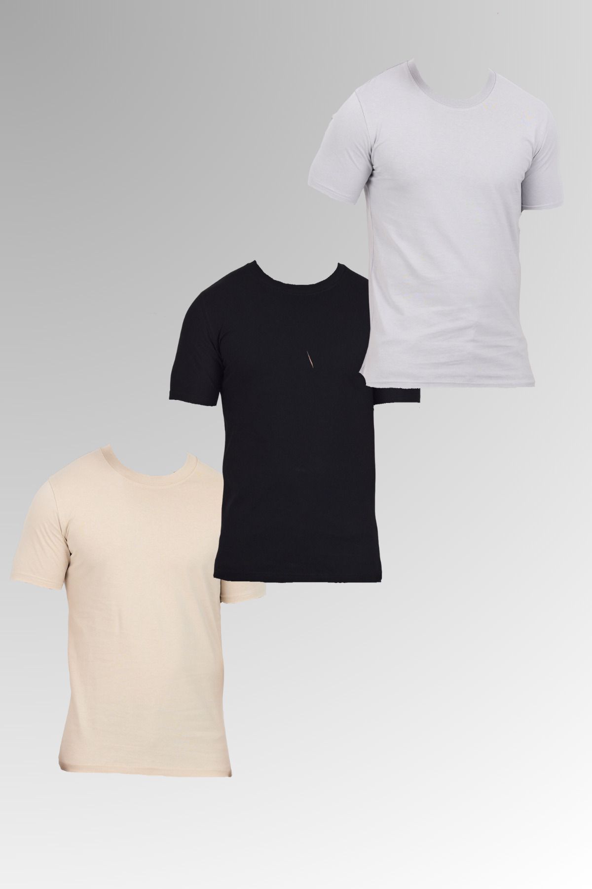 DAMGA JEANS Erkek Pamuklu Bisiklet Yaka Kısa Kollu Dar Yazlık Krem - Siyah - Gri 3 Lü Basic Tişört Paketi
