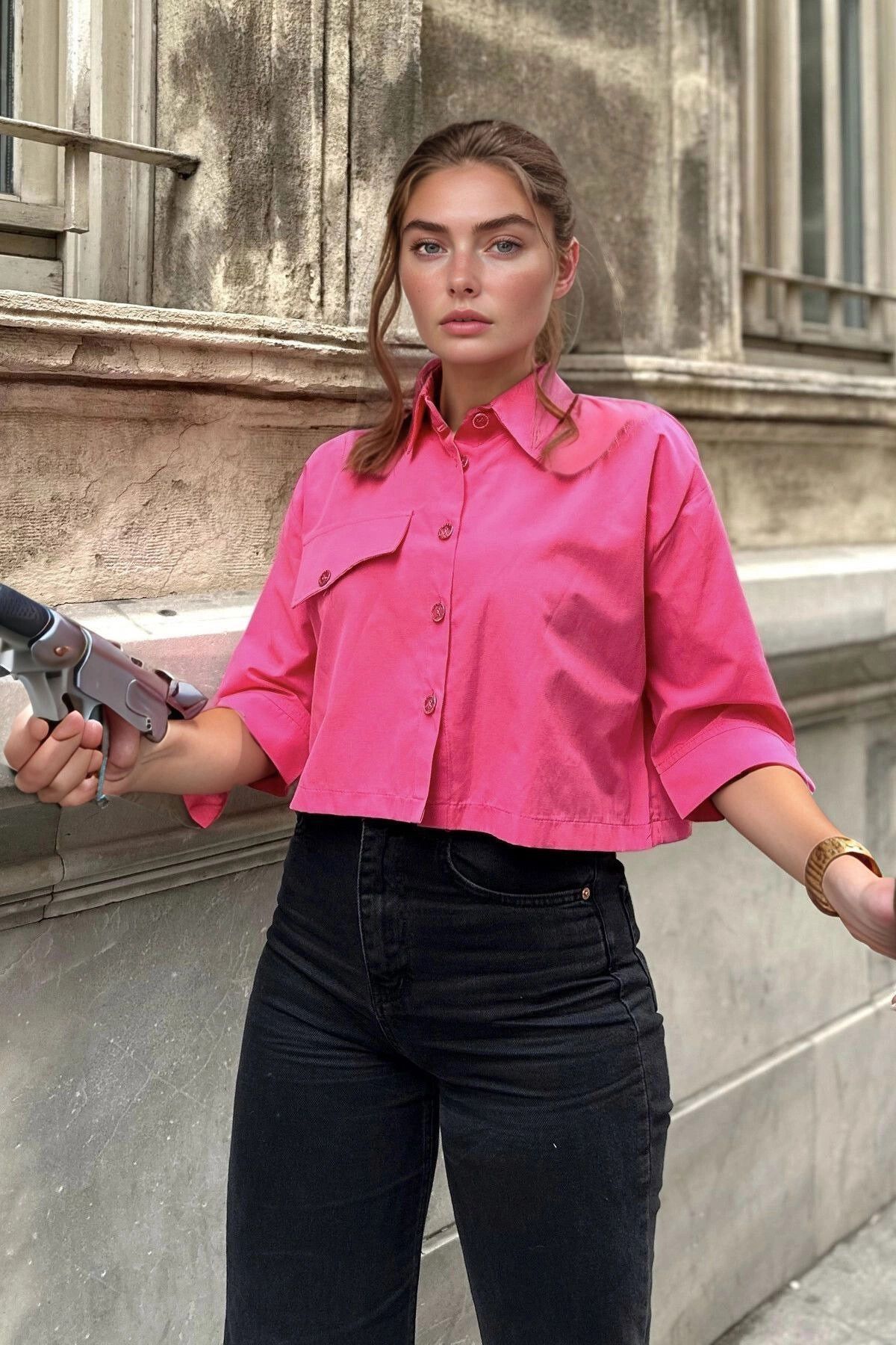 bacc Fuşya Oversize Uzun Kollu Crop Gömlek BCBSK-25700-3533