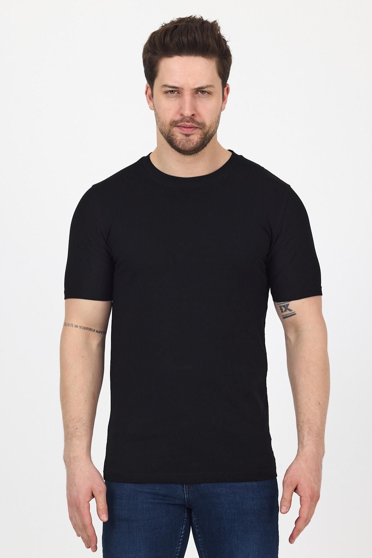 DAMGA JEANS-Ανδρικό βαμβακερό λαιμόκοψη με κοντό μανίκι στενή καλοκαιρινή κρέμα - Μαύρο - Γκρι Πακέτο με 3 βασικά μπλουζάκια 3