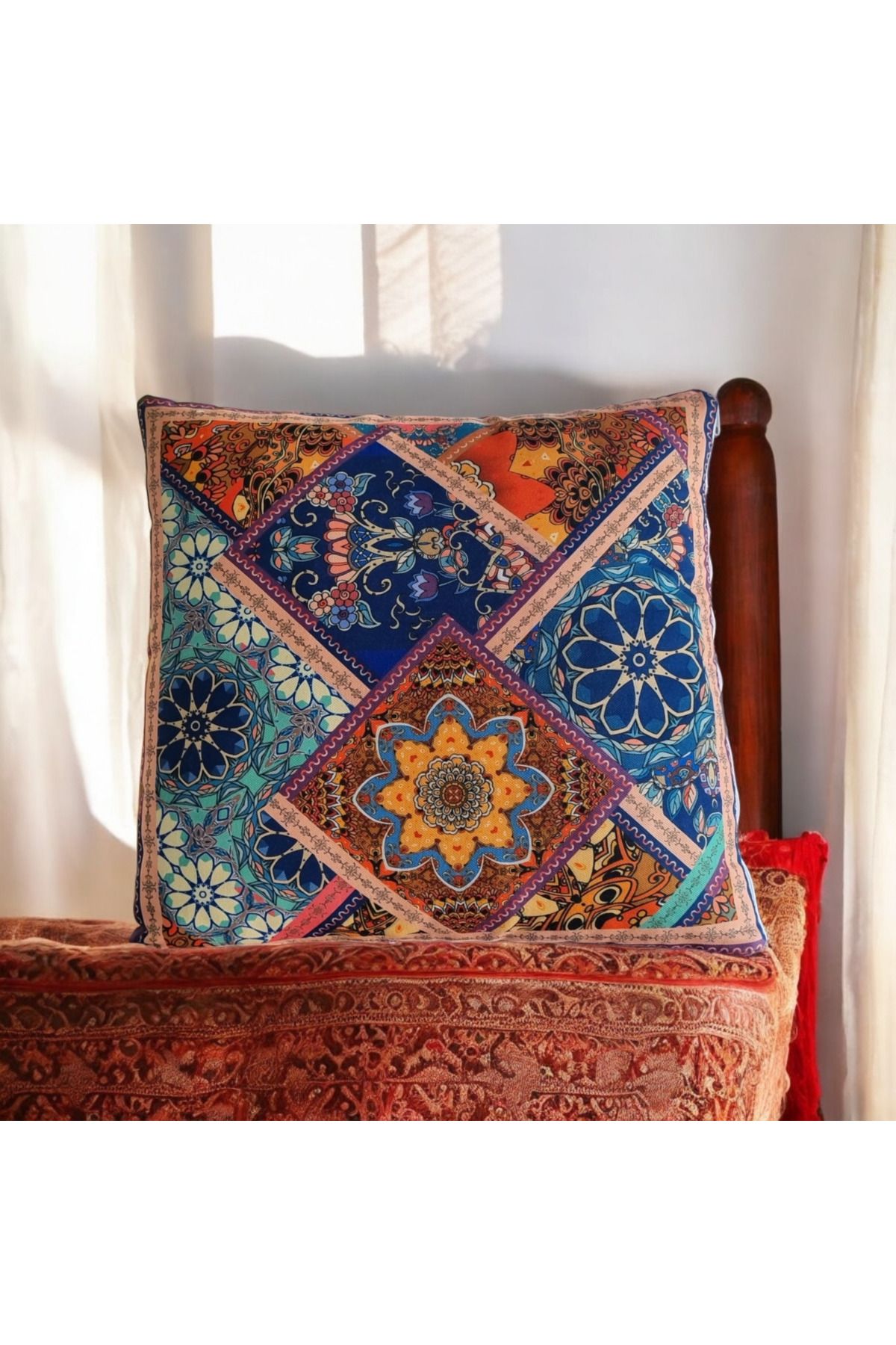 Mutlu Köşe Dijital Baskı Çok Renkli Etnik Vintage Desenli Pamuklu Kırlent Kılıfı