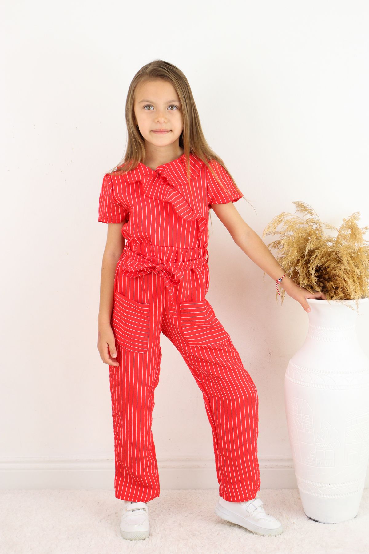 FESSHERA-💜   Girl's Double Breasted Collar Ruffle Detailed Striped Jumpsuit – Suitable for Casual and Special Occasion Wear 💜 7