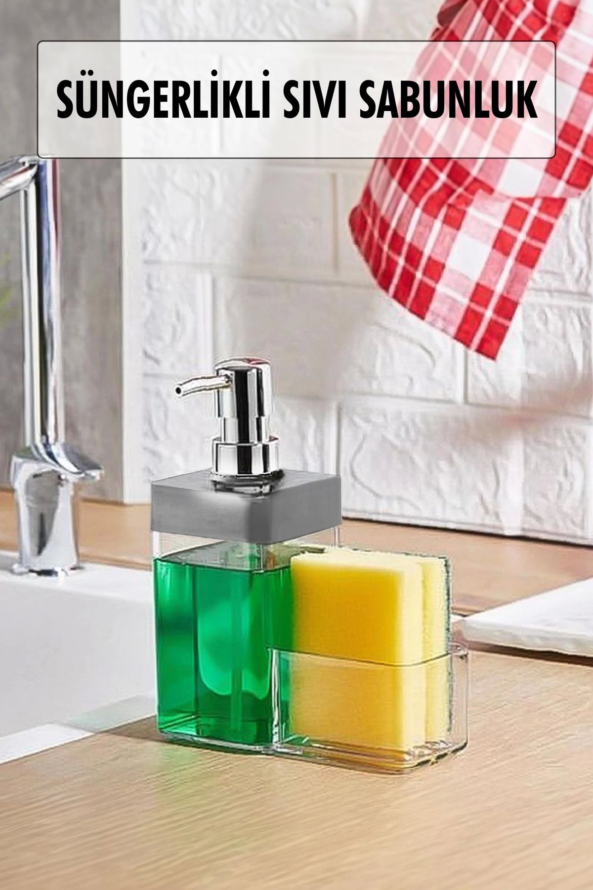 FTT SHOPPING MARKET Gri Renkli Sıvı Sabunluk Süngerlik Hazneli 450 ml