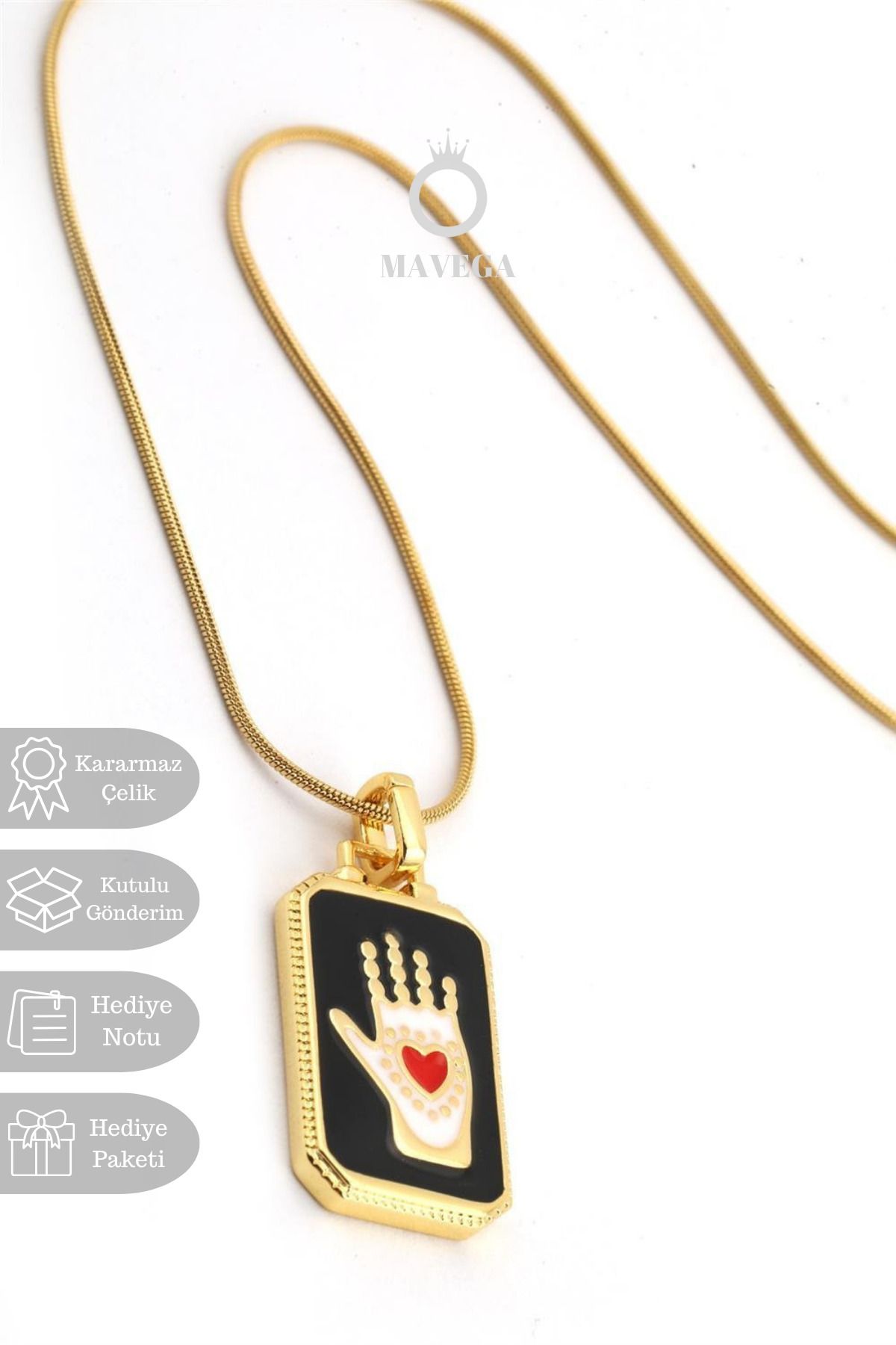 MAVEGA Kararmaz Çelik El İçinde Kalp Tarot Kartı Kolye Kadın Takı | Altın Renk, 45 Cm