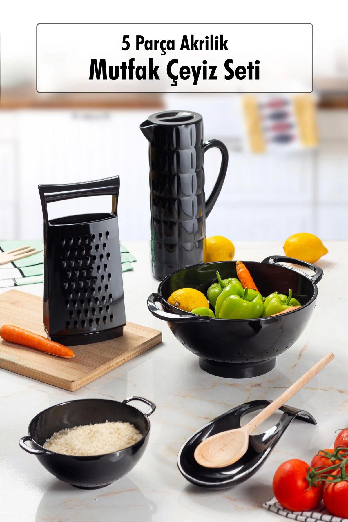 FTT SHOPPING MARKET Akrilik Siyah 5 Parça Sürahi & Rende & Süzgeç & Mini Süzgeç & Kaşıklık & Mutfak Çeyiz Seti