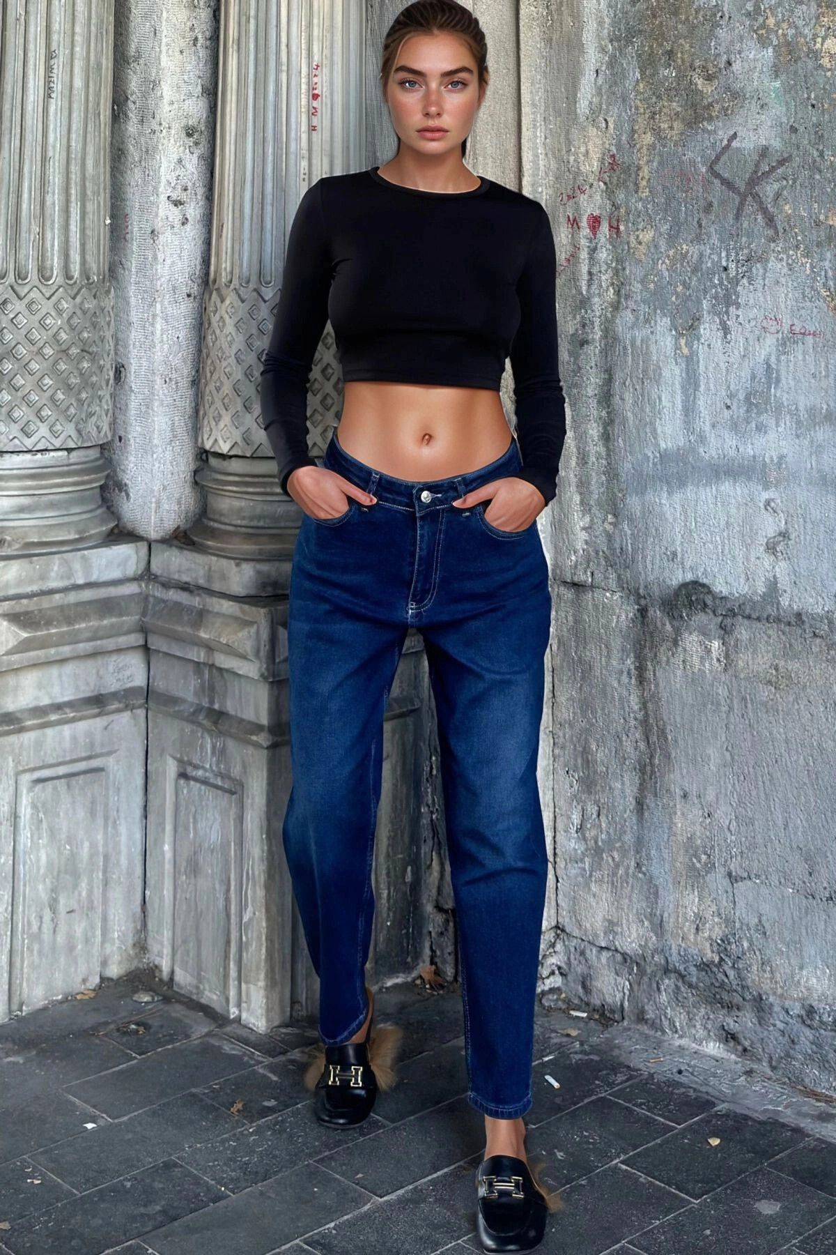 bacc Koyu Mavi Yüksek Bel Boyfrıend Denim Pantolon BCBSK-25700-KT0096