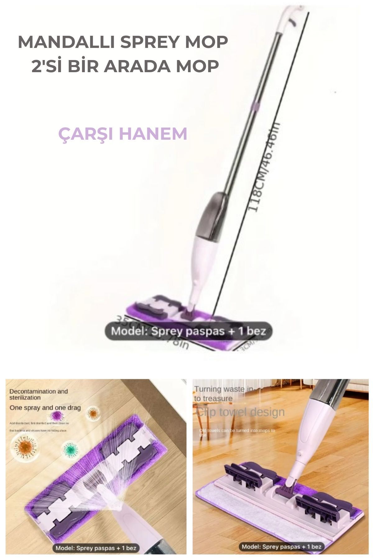 ÇARŞI HANEM Mikrofiber Bezli Sprey Mandallı Mop Paspas Her Beze Uyumludur Hem Sprey Hem Mandallı 2'Si Bir Arada