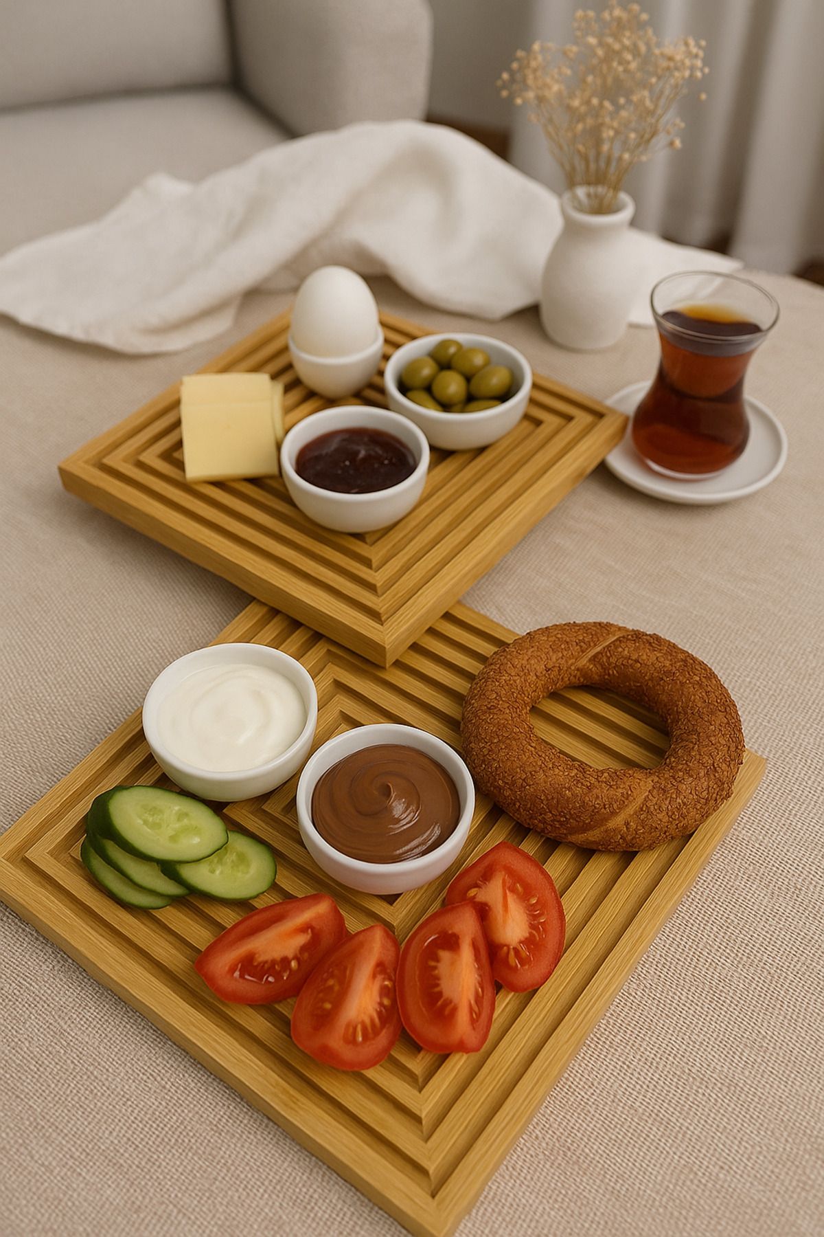 wellhome 2'li Bambu Ahşap Sunum Tahtası 20x20 | Kare Şık Servis Altlığı – Doğal Sunumluk Set