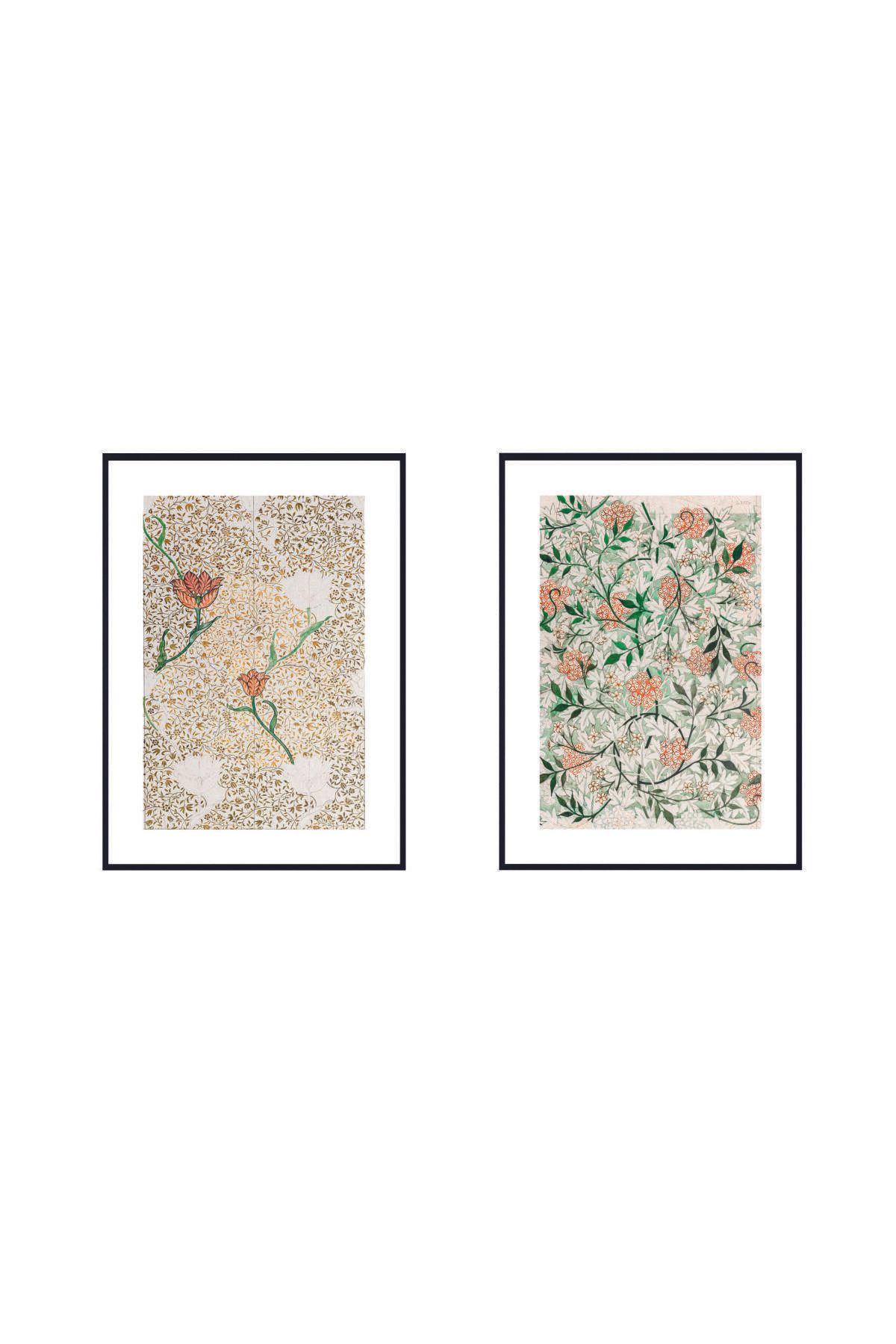 Artte Ahşap Çerçeveli Vintage Çiçek Desenli 2'li Tablo Vintage Duvar Sanatı