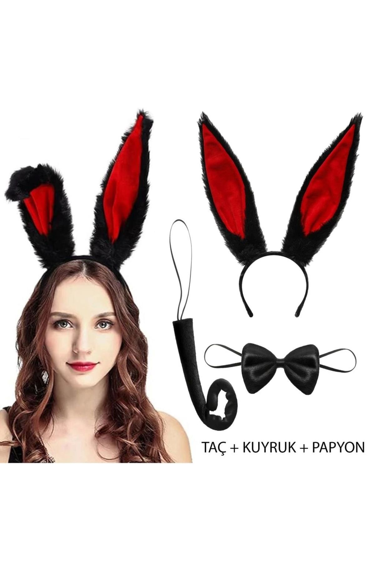 FTT SHOPPING MARKET Nessiworld Siyah Kırmızı Renk Peluş Tavşan Kulak Papyon Kuyruk Yetişkin Boy