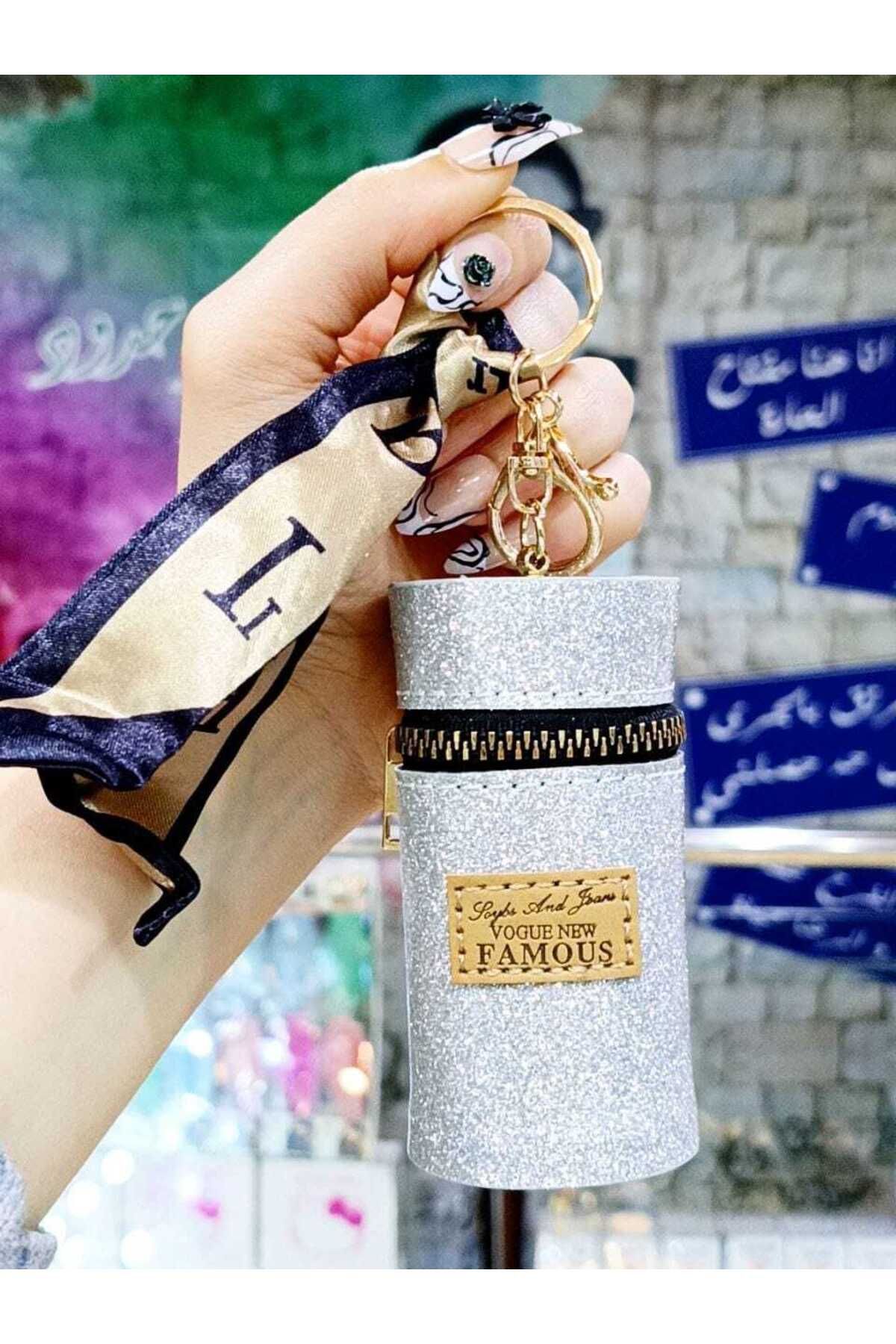 Fivy Fular Detaylı Parlak Simli Ruj Kutusu Charm, Anahtarlık, Mini Cüzdan Charm