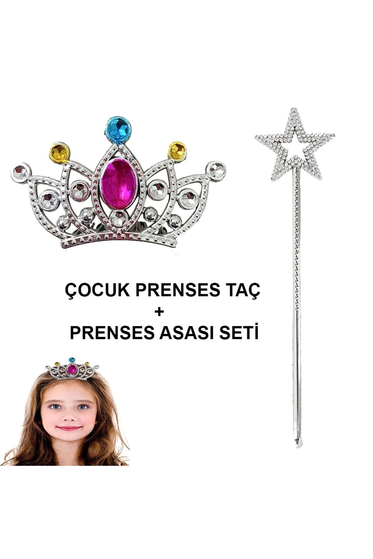 STOREMAX Çocuklar İçin Taraklı Prenses Tacı ve Prenses Yıldız Asa Seti Gümüş (5047)