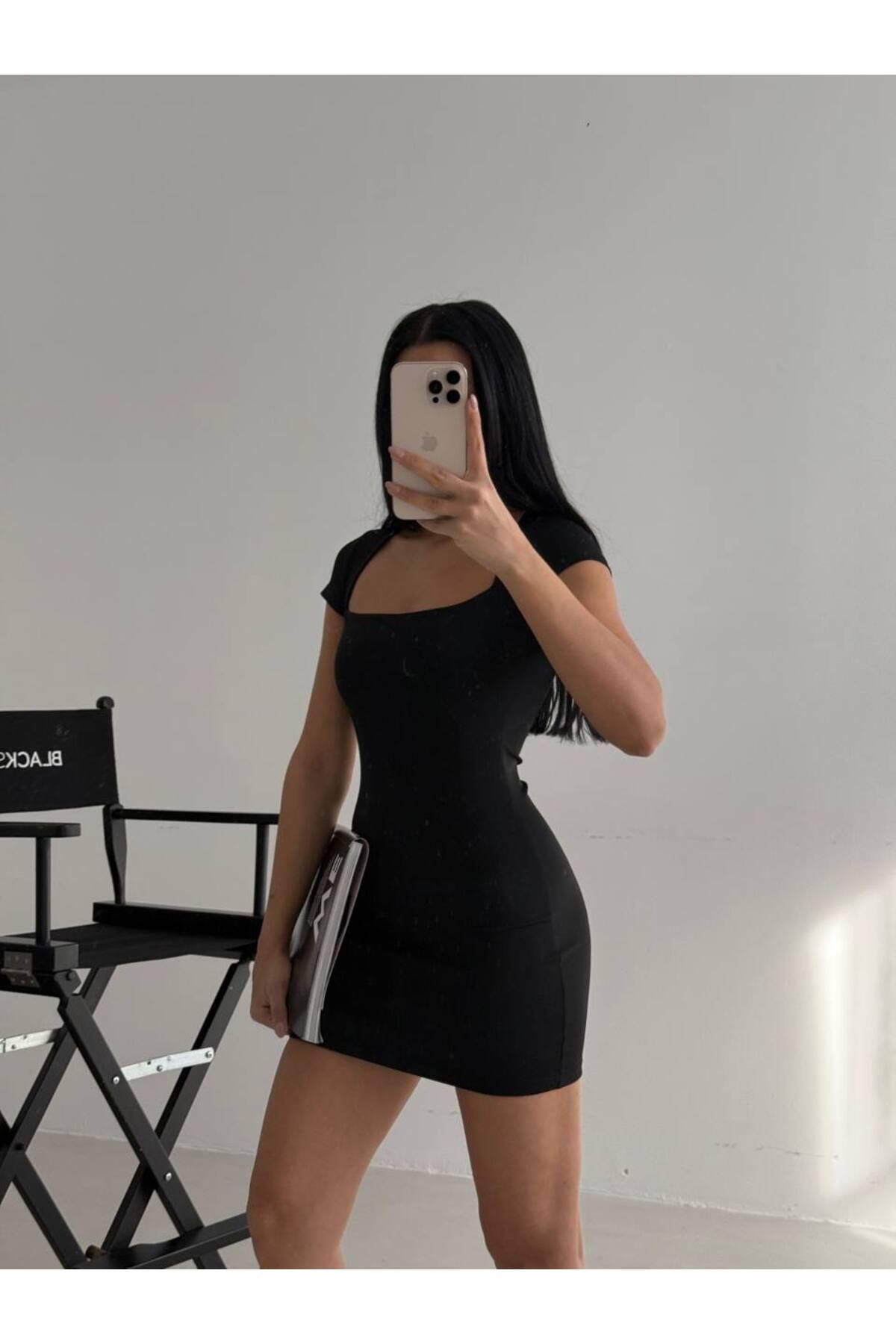 Castivo Fashion Kare Yaka Fit Kesim Kısa Kollu Mini Elbise