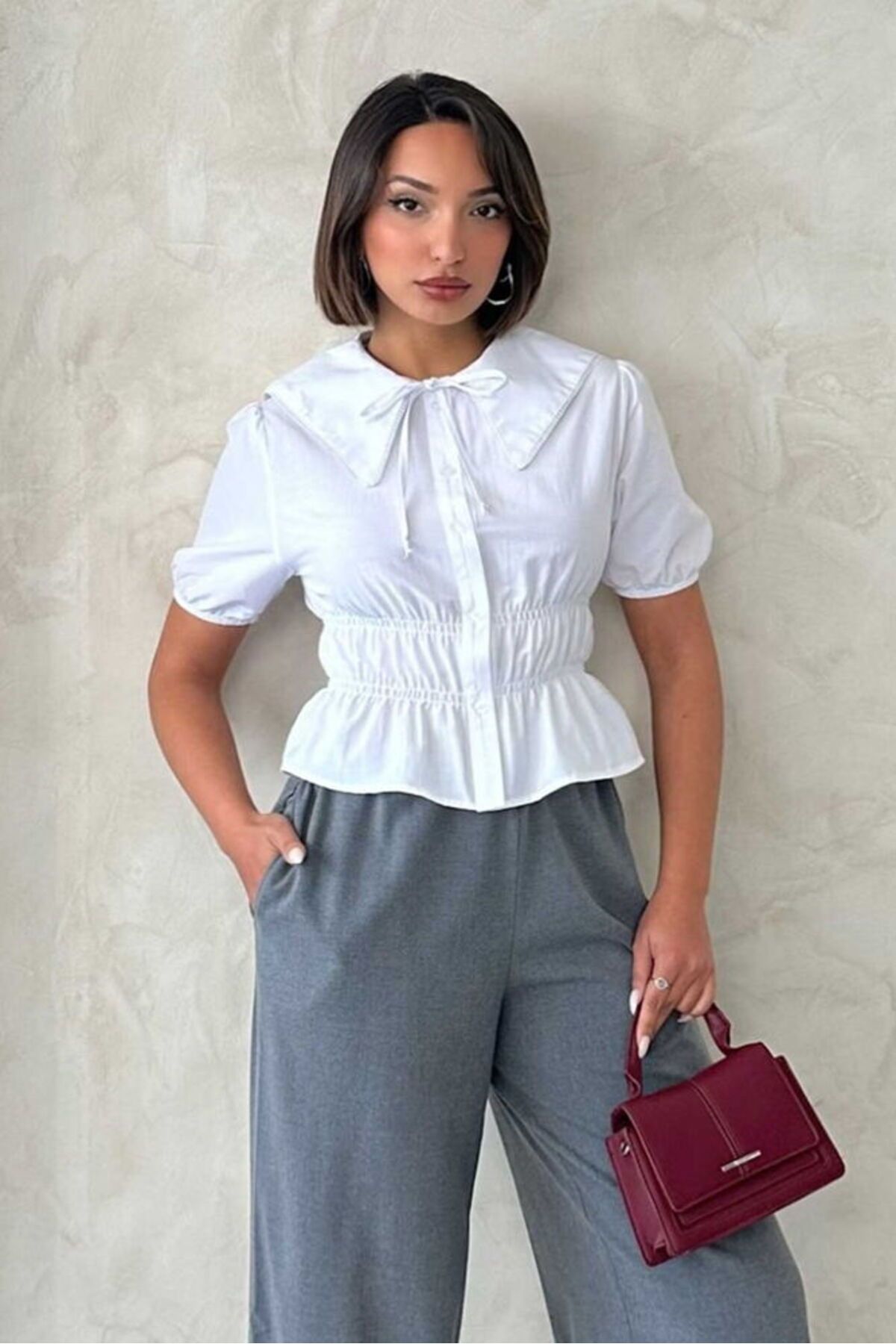 Castivo Fashion Fiyonk Yakalı Büzgü Detaylı Vintage Gömlek