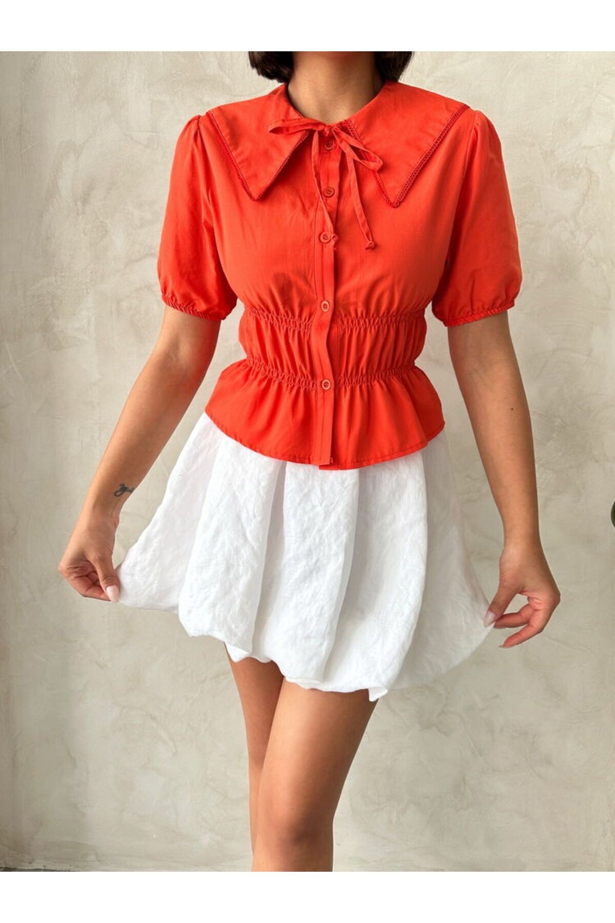 Castivo Fashion Fiyonk Yakalı Büzgü Detaylı Vintage Gömlek