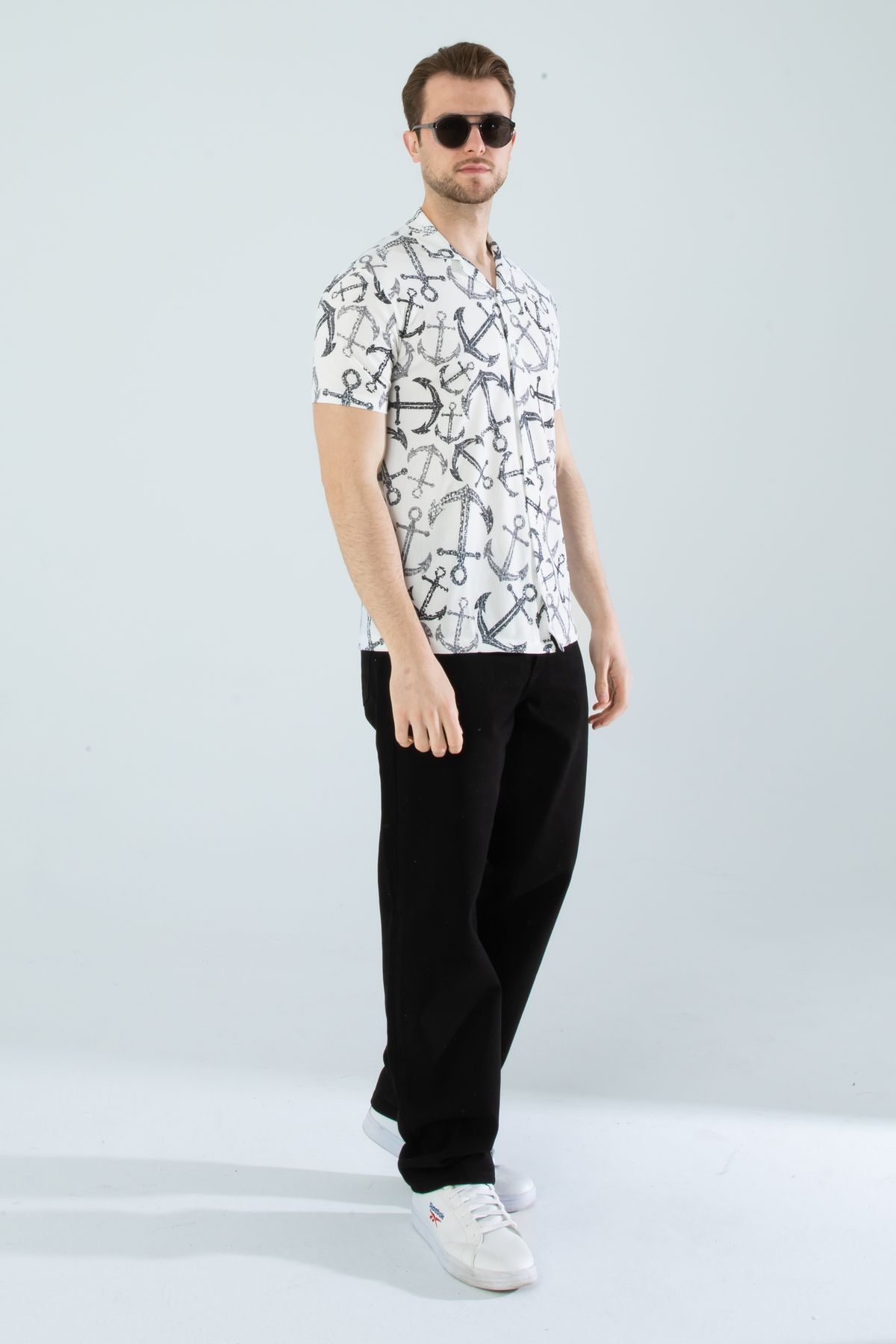 Gardolap Vip Erkek Slim Fit Kesim Çapa Desenli Dijital Baskılı Apaş Yaka Pamuklu Kısa Kol Gömlek