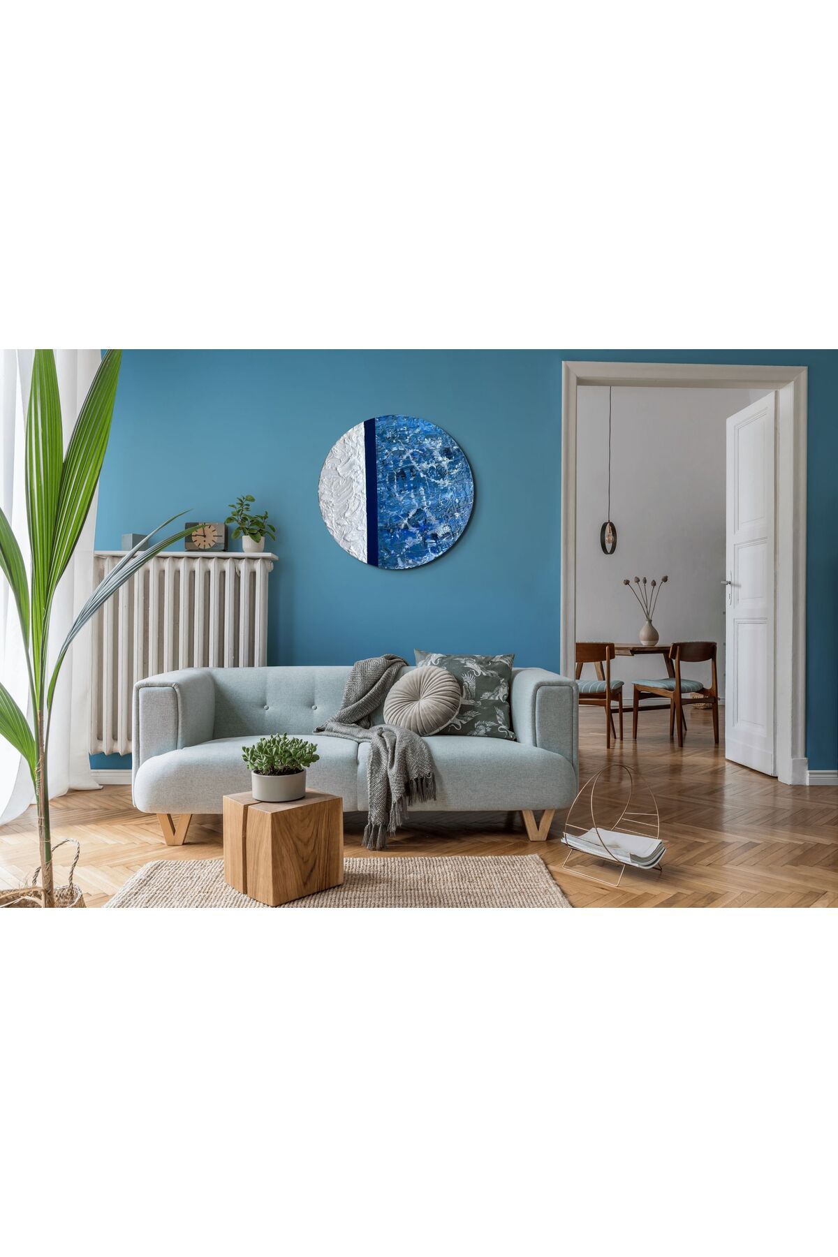 EBRU SAYER ART & DESIGN Okyanus Nefesi - Yuvarlak El Yapımı Soyut Tablo | Mavi Ve Beyaz Mixed Media