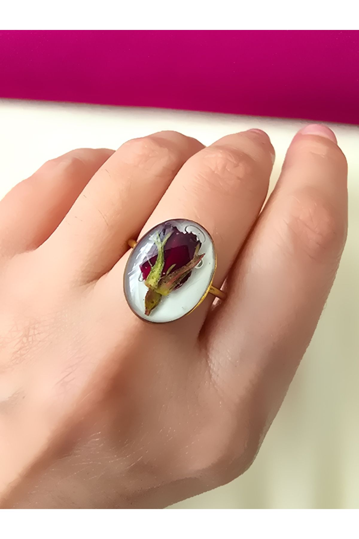 Riccoco Accessory Epoksi Gerçek Gül Ayarlanabilir Çelik Yüzük