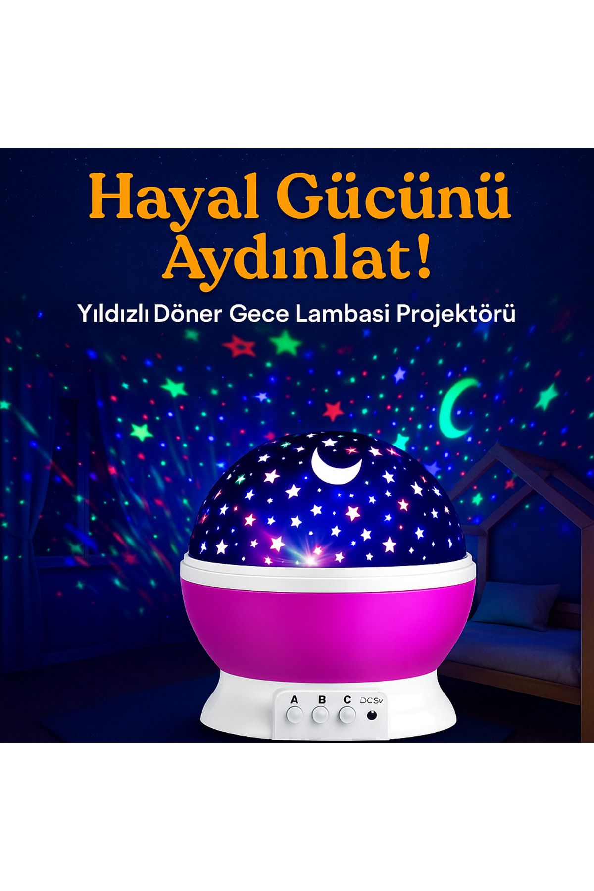 potasyum Renkli Yıldızlı Projektörlü Gece Lambası Ay ve Yıldızi Işık | Çocuk ve Bebek Odası Uzay Temalı