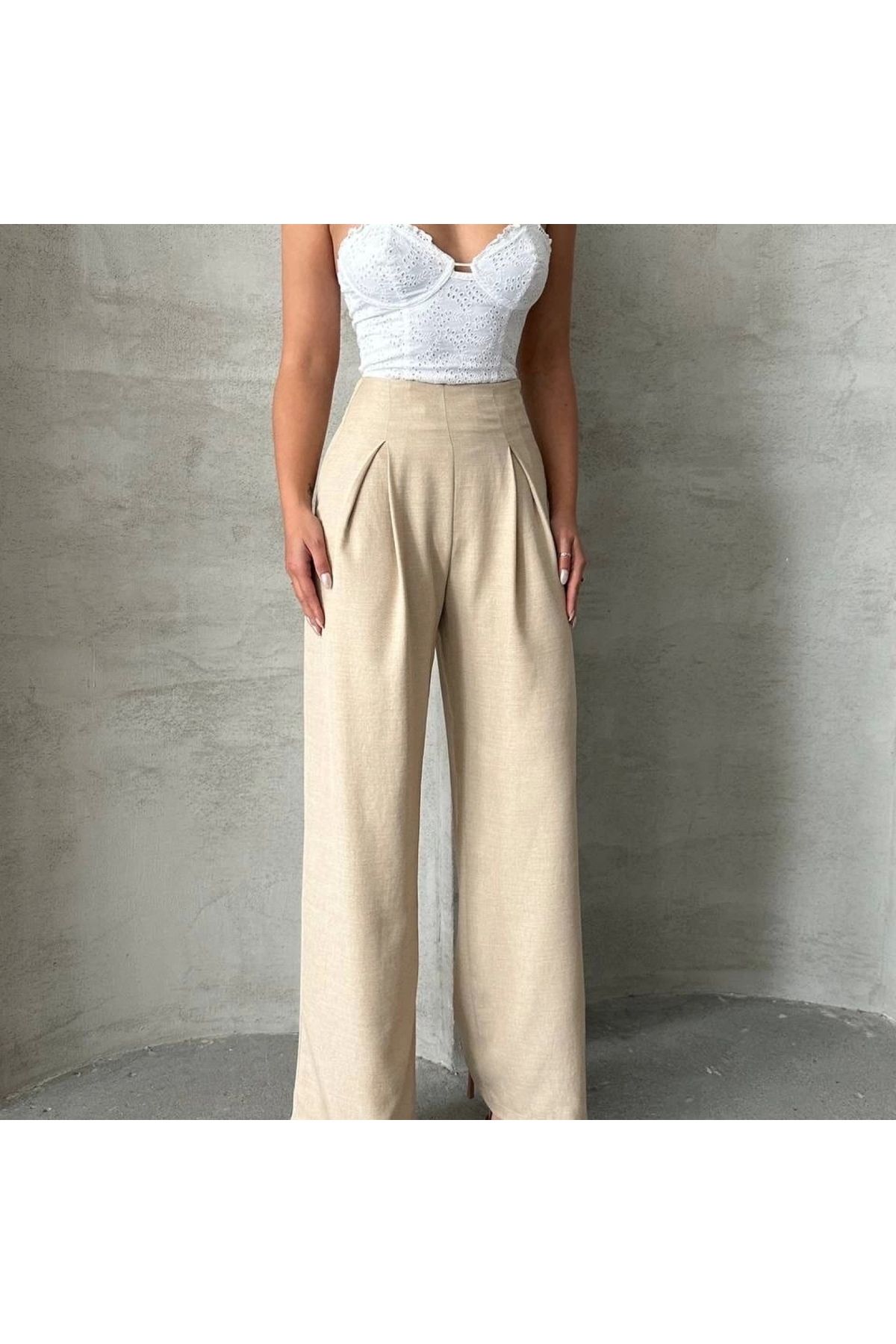BYB MODA TASARIM Pileli keten pantolon s255046