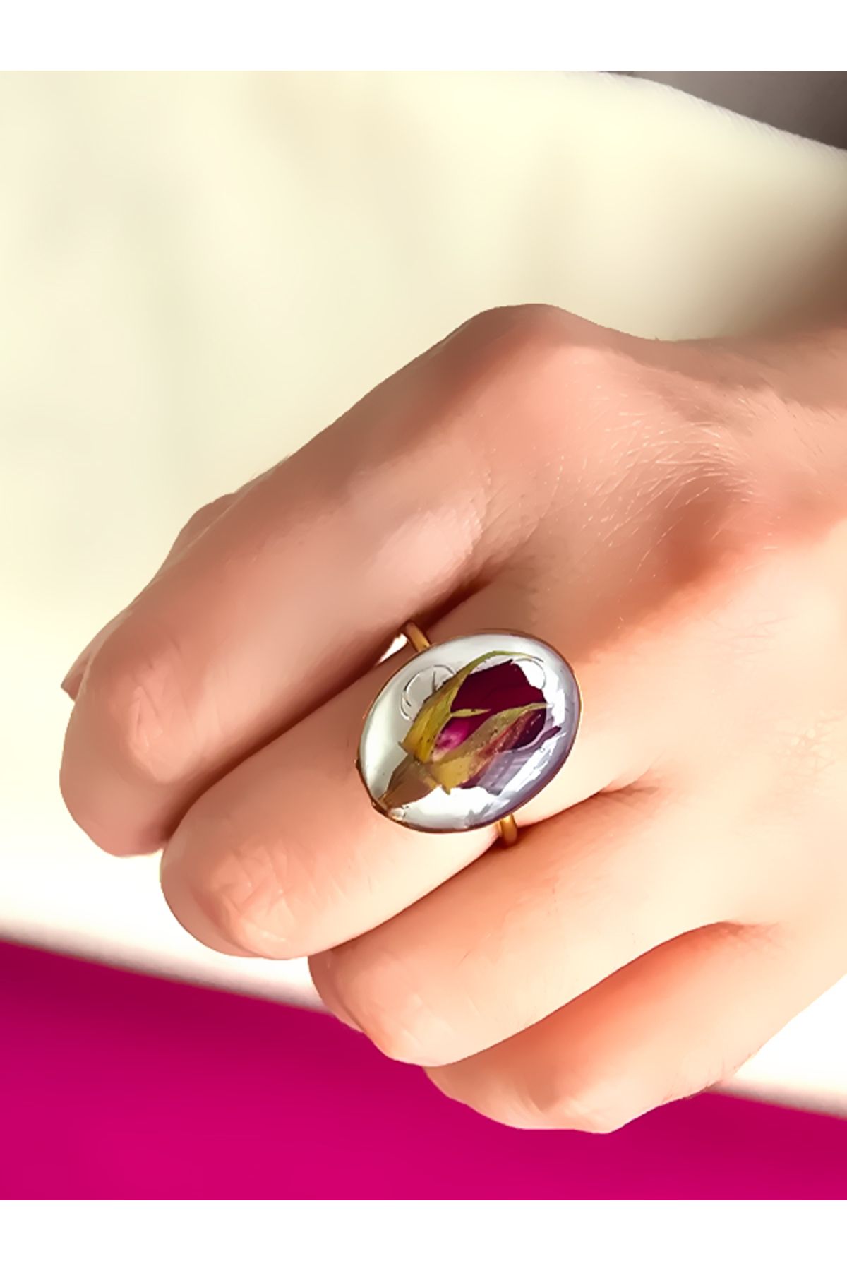 Riccoco Accessory Gerçek Gül Epoksi Çelik Ayarlanabilir Yüzük