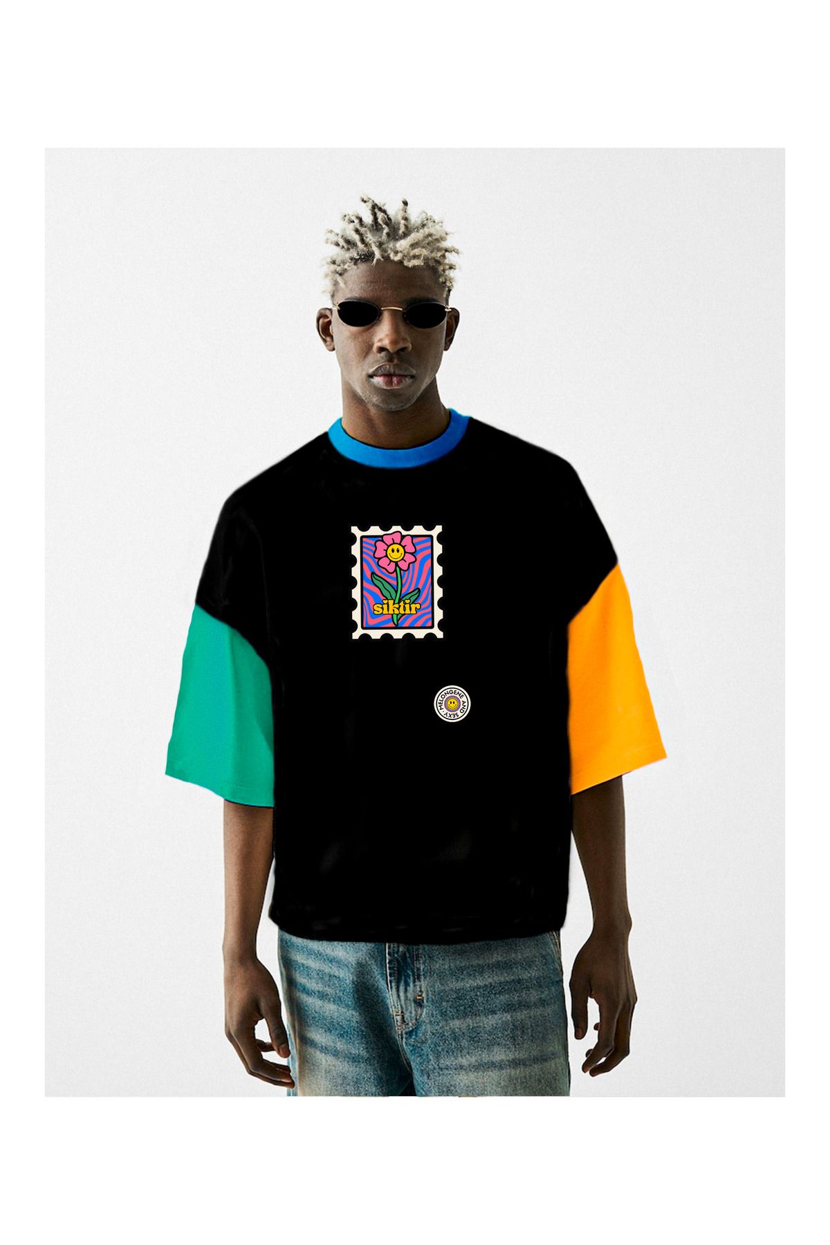 melongeneco Siyah oversıze siktir baskılı tişört renkli kollu t-shirt