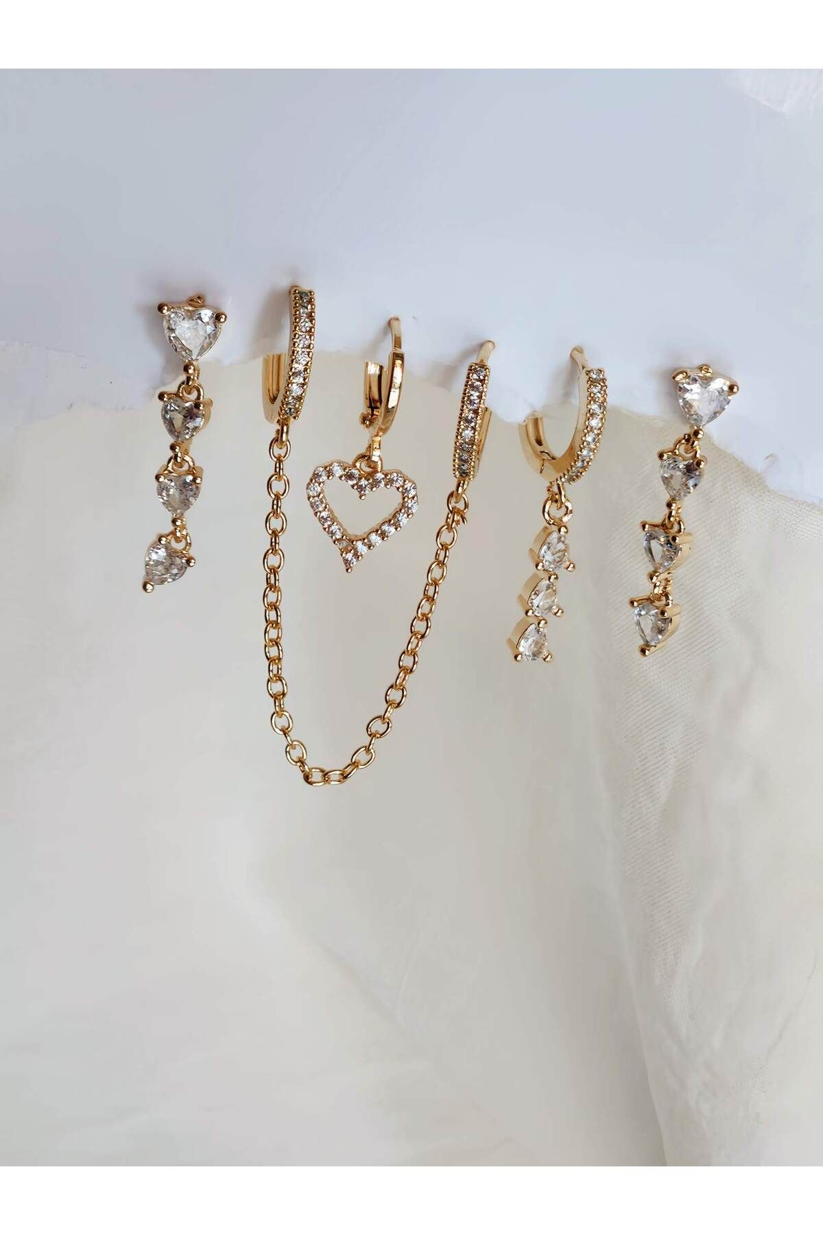 Eva Takı Store 6'lı Kalp Baget Model Altın Kaplama Gold Küpe Seti