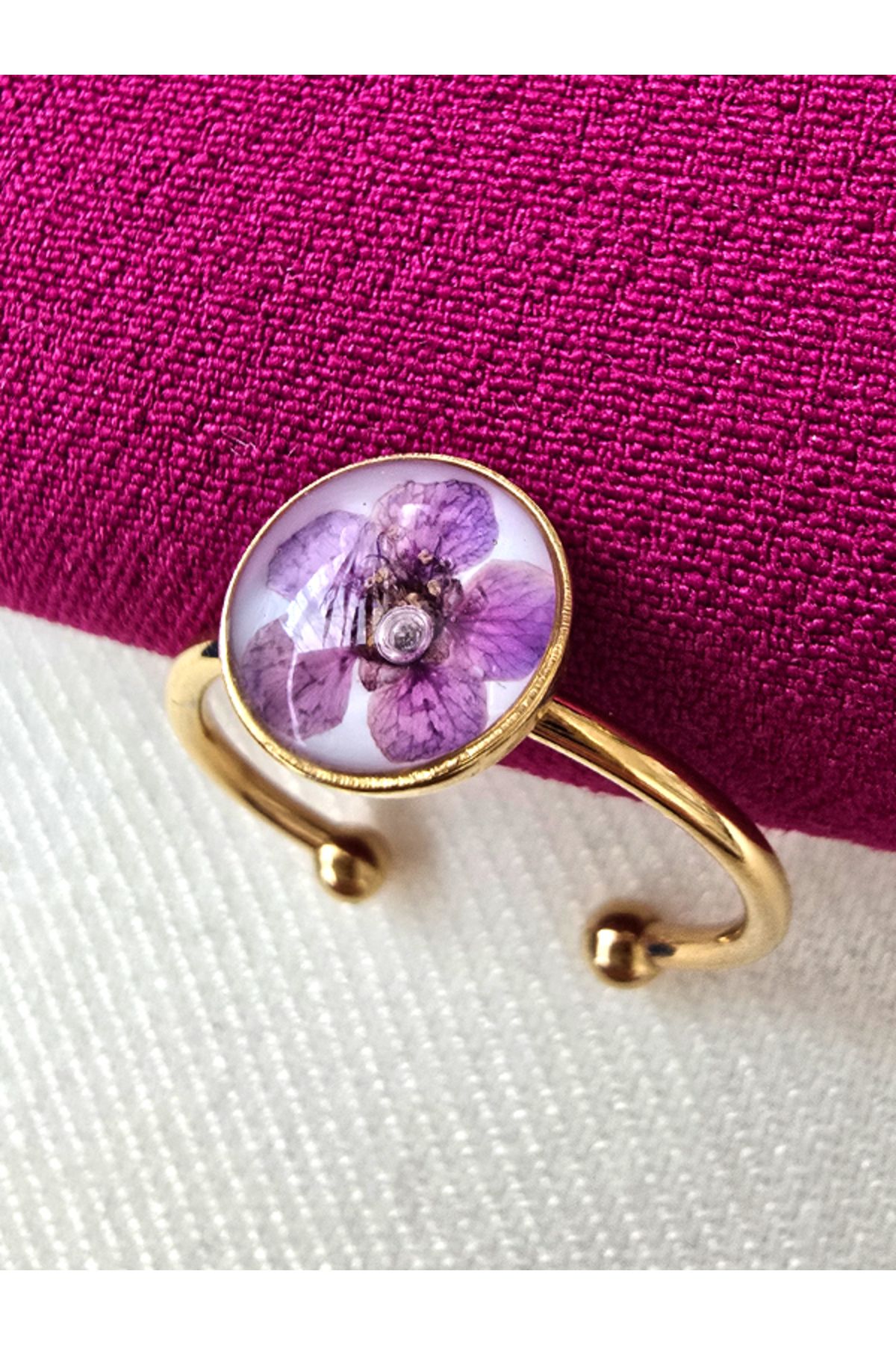 Riccoco Accessory Gerçek Sakura Çiçeği Epoksi Ayarlanabilir Çelik Yüzük