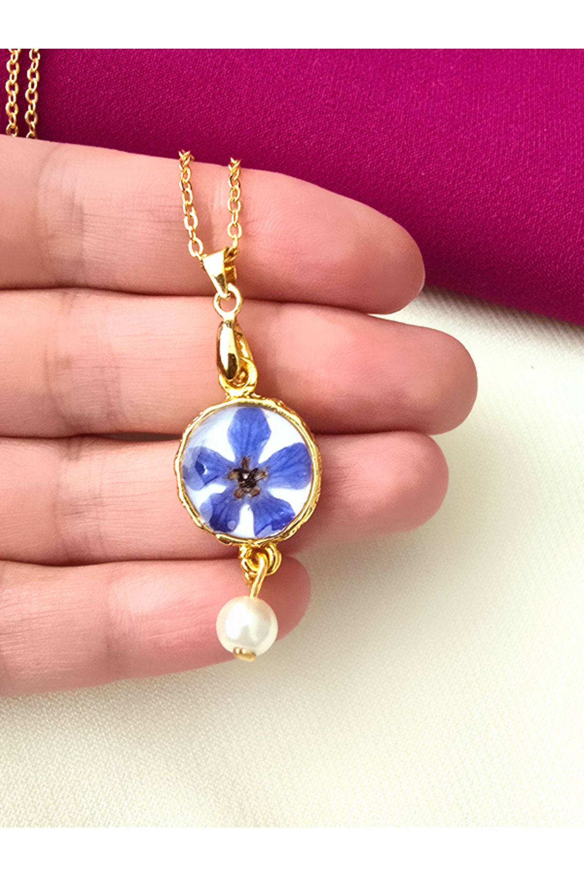 Riccoco Accessory Gerçek Unutma Beni Çiçeği Altın Kaplama Epoksi Kolye