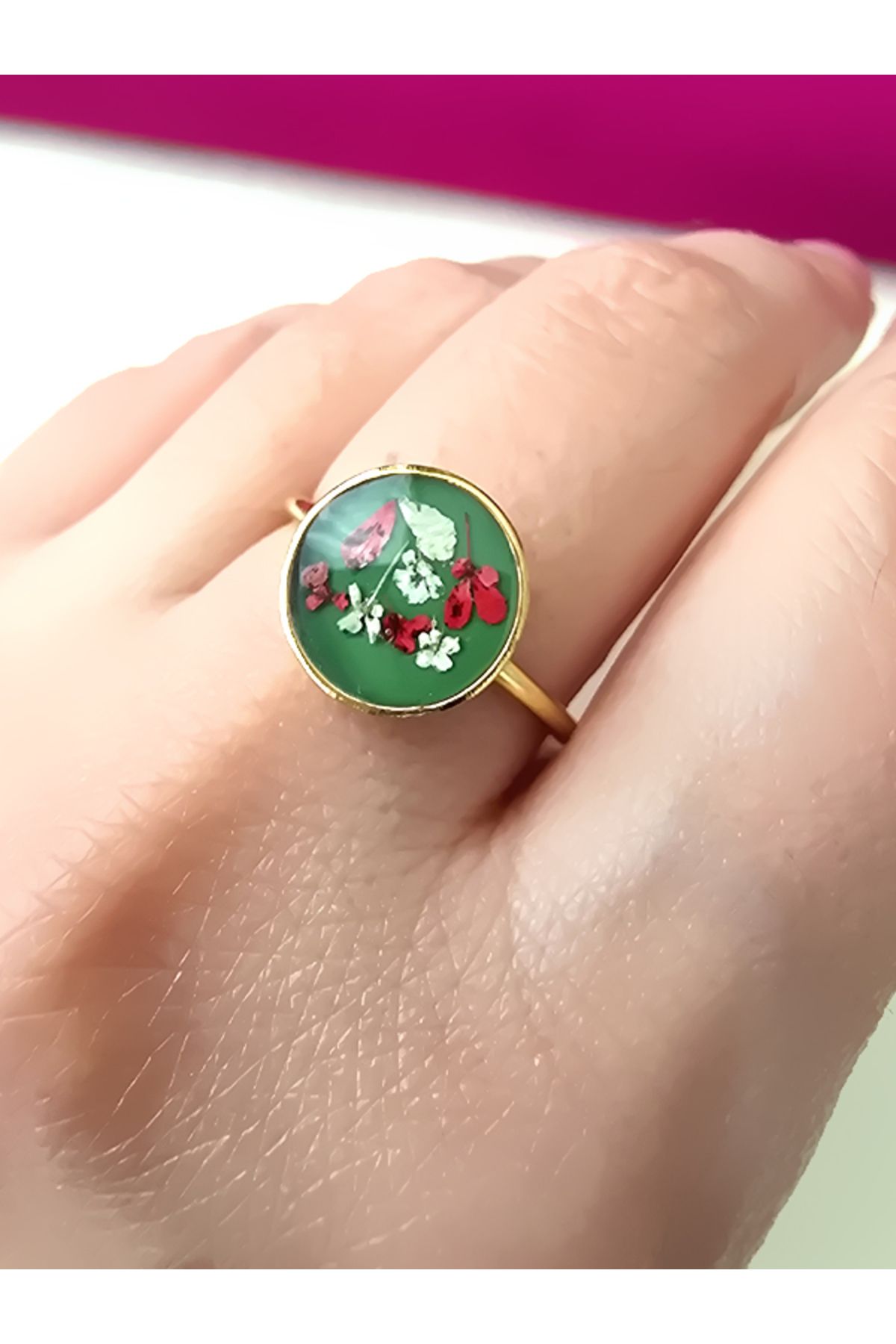 Riccoco Accessory Gerçek Sultan Çiçeği Epoksi Yeşil Çelik Ayarlanabilir Yüzük